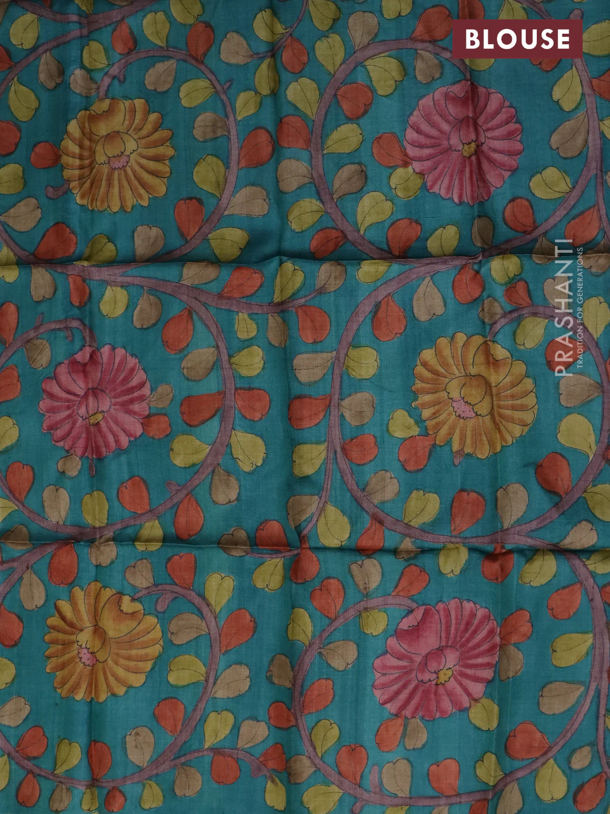 Tussar blouse piece teal blue with kalamkari hand painted prints - Image 2