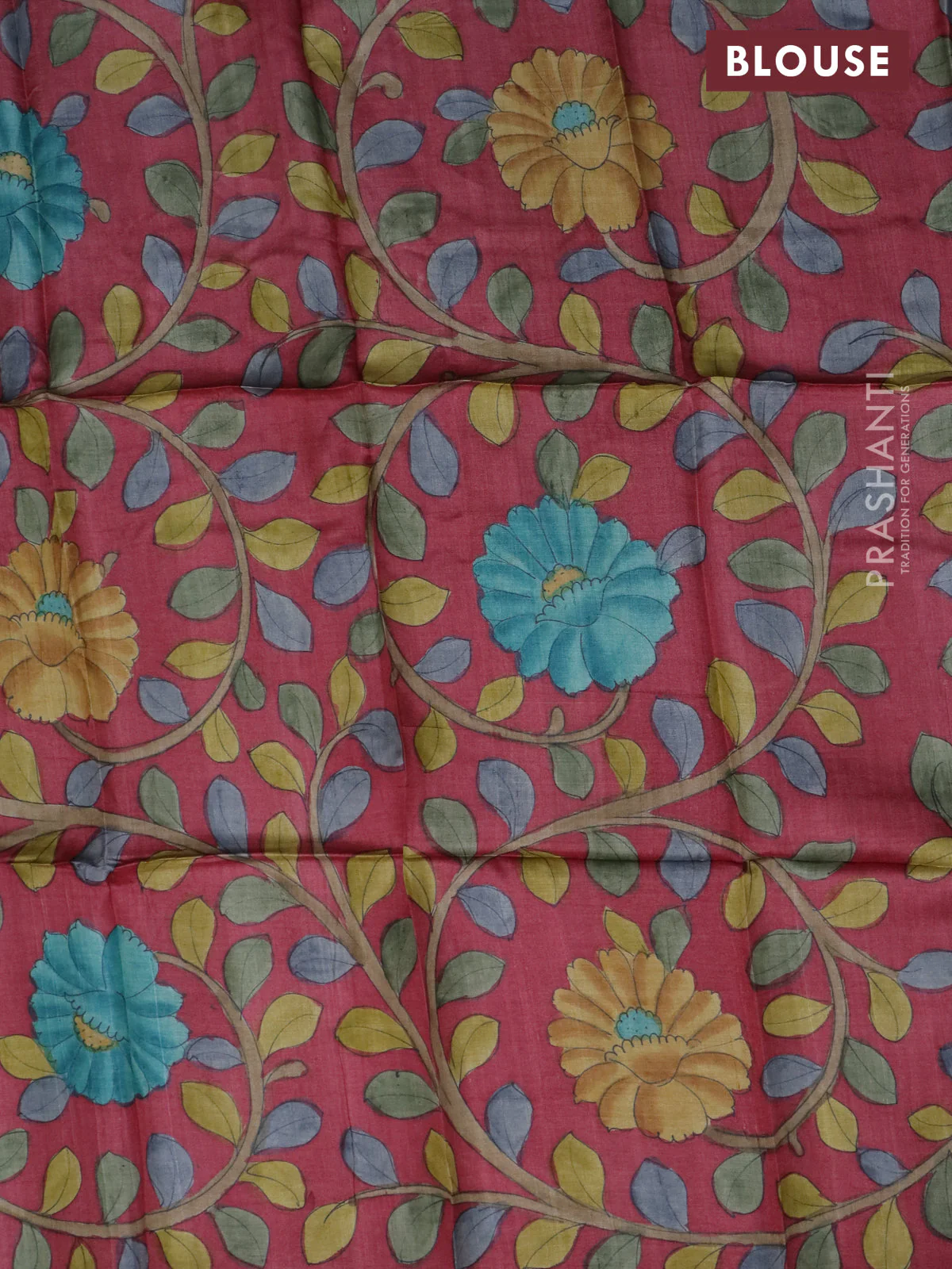 Tussar blouse piece red with kalamkari hand painted prints - Image 2