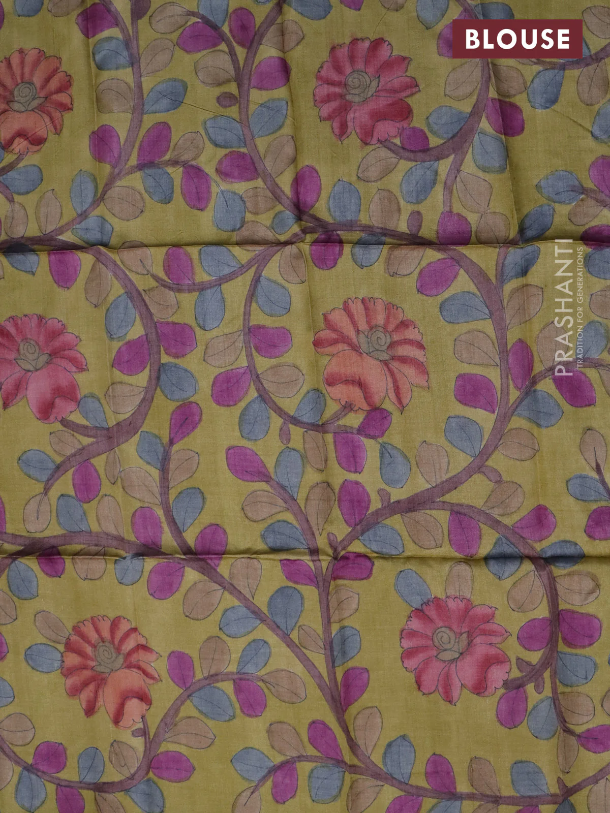 Tussar blouse piece yellow with kalamkari hand painted prints - Image 2
