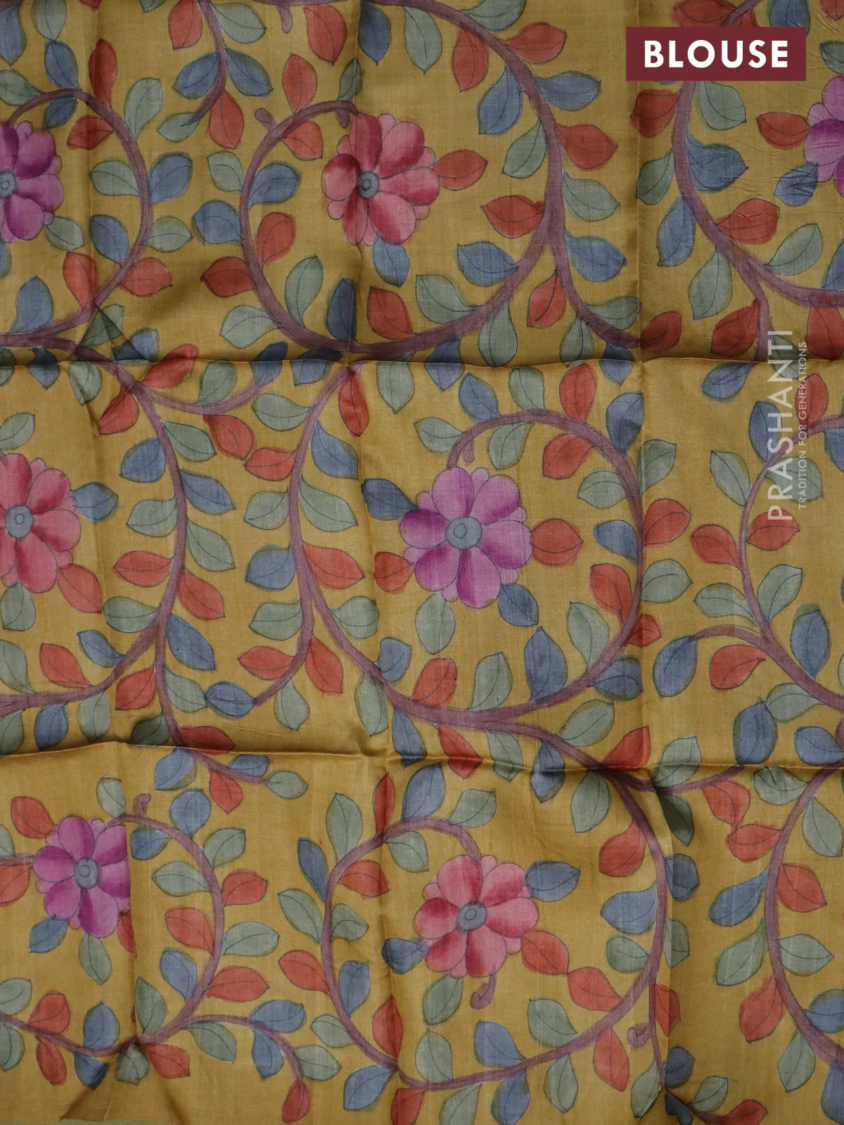 Tussar blouse piece yellow with kalamkari hand painted prints - Image 2