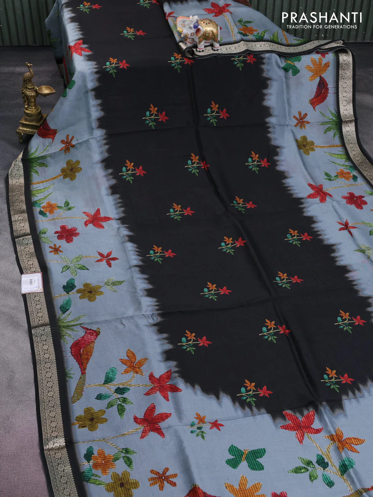 Tussar georgette silk saree black and grey with allover digital prints and zari woven border - Image 2