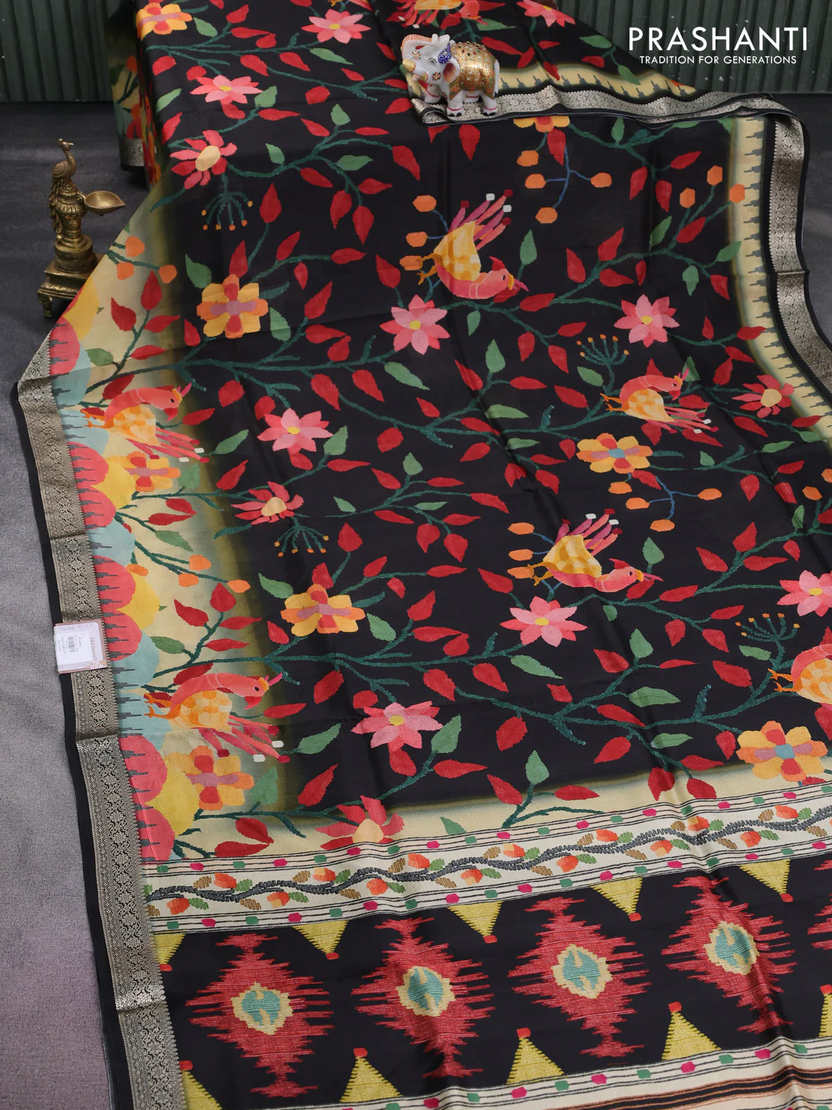 Tussar georgette silk saree black and sandal with allover digital prints and zari woven border - Image 2