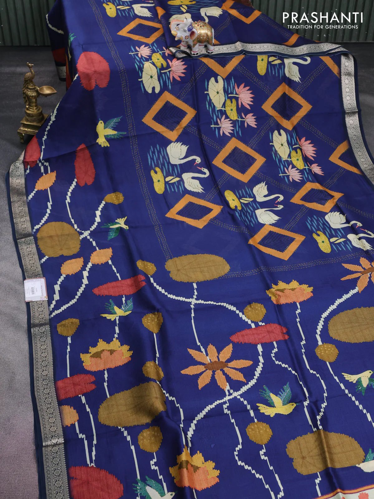 Tussar georgette silk saree blue with allover digital prints and zari woven border - Image 2