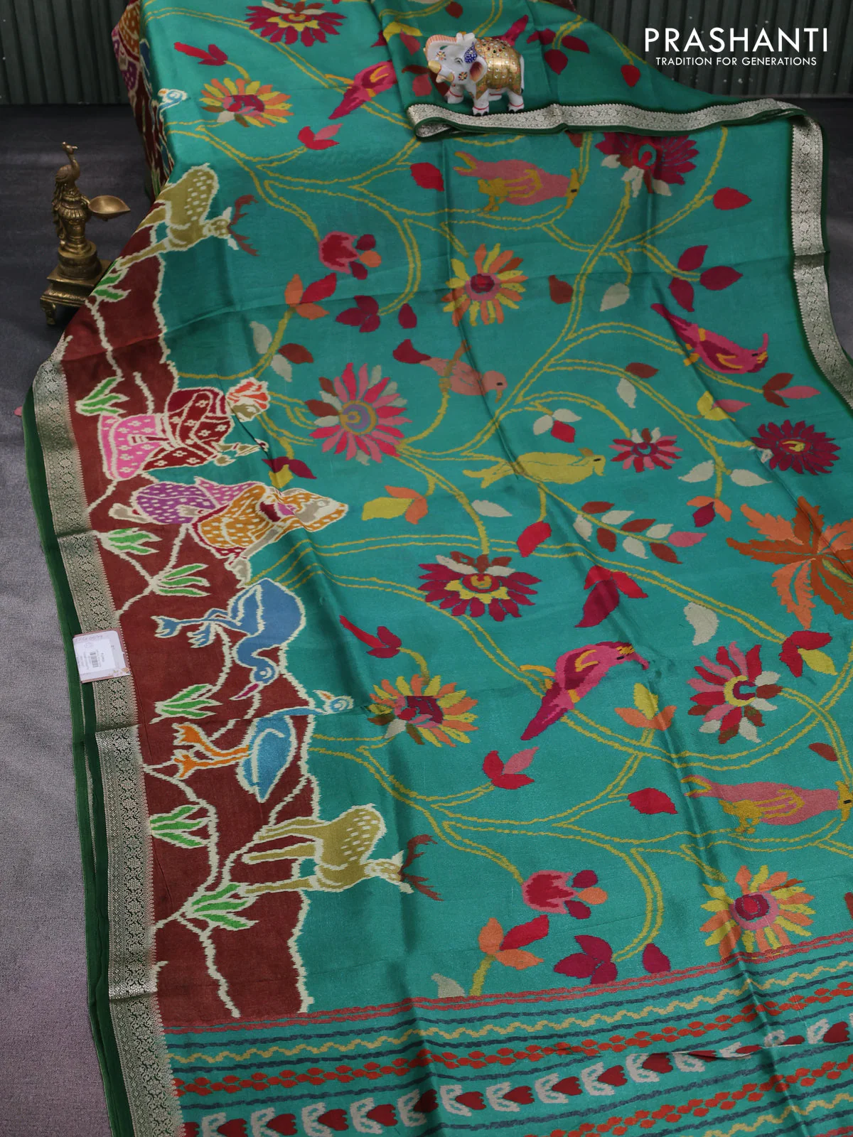 Tussar georgette silk saree green and maroon with allover digital prints and zari woven border - Image 2
