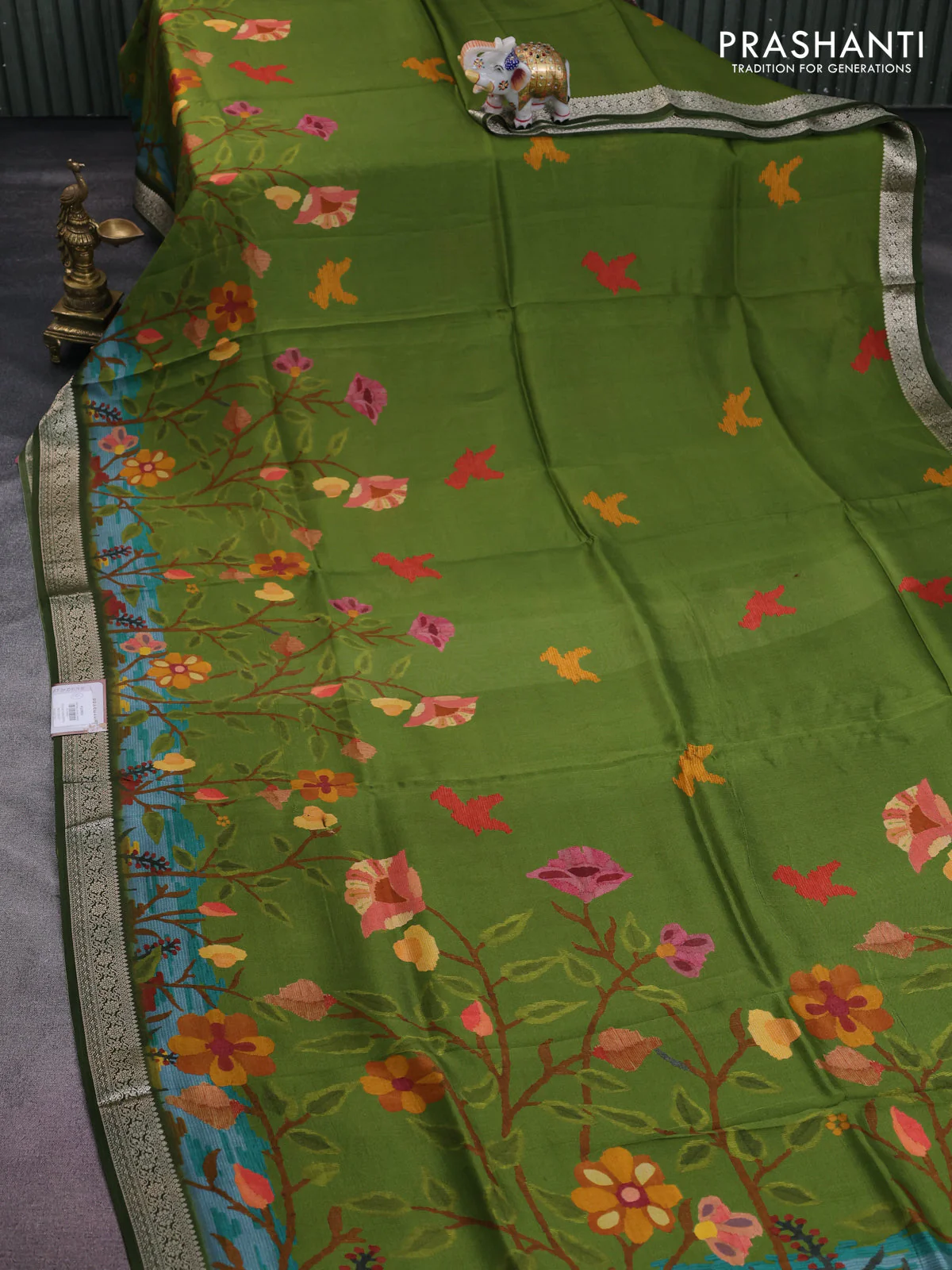 Tussar georgette silk saree mehendi green with allover digital prints and zari woven border - Image 2