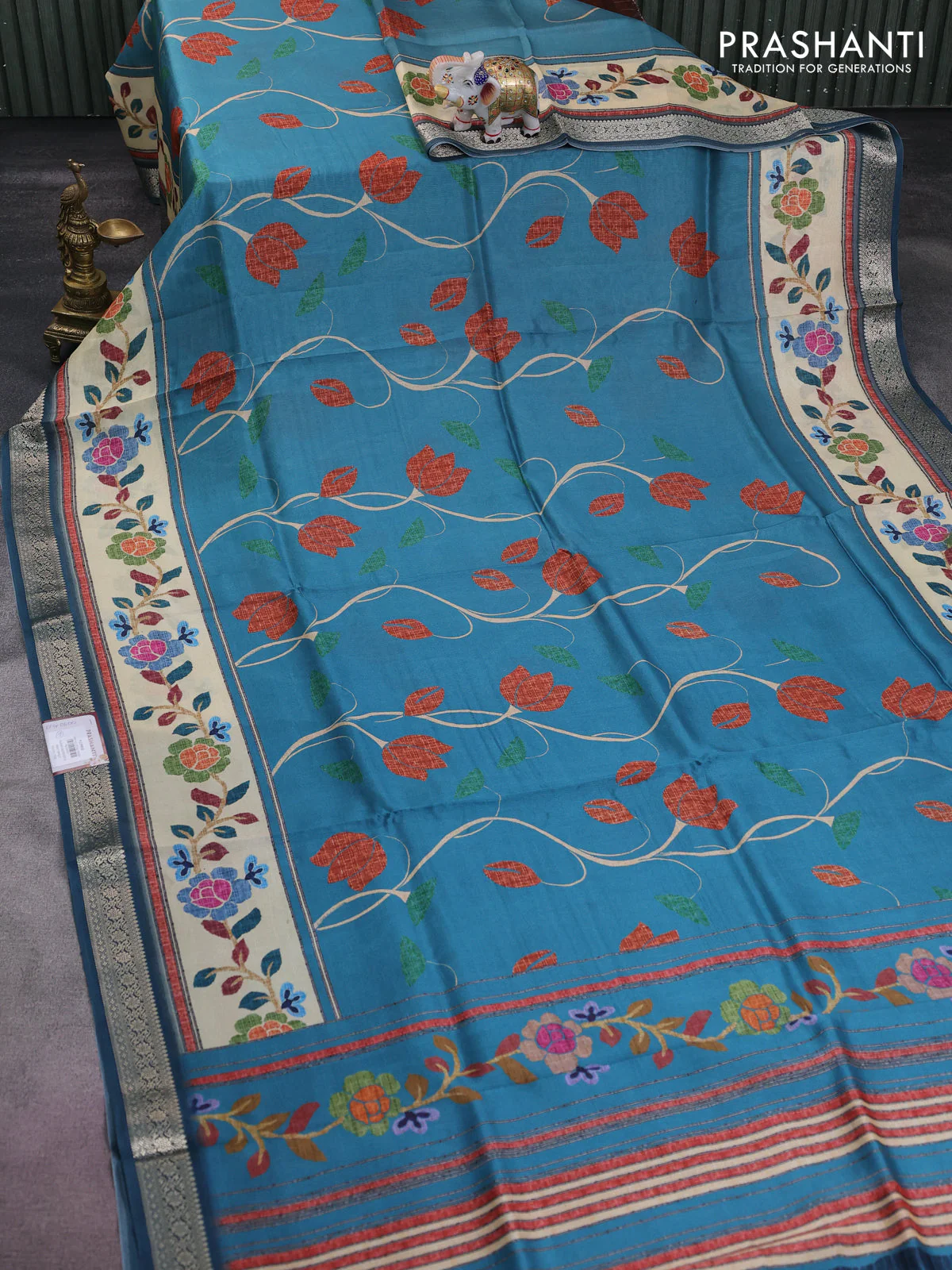 Tussar georgette silk saree pastel blue and cream with allover digital prints and zari woven border - Image 2