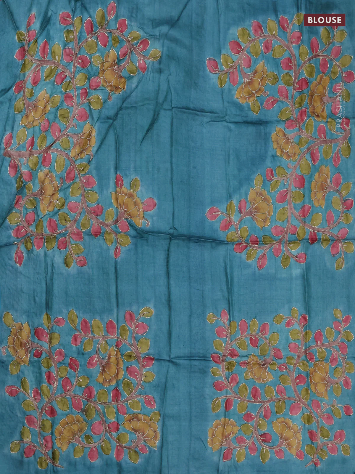 Tussar hand painted blouse bit teal blue with allover kalamkari prints & pita work - Image 2