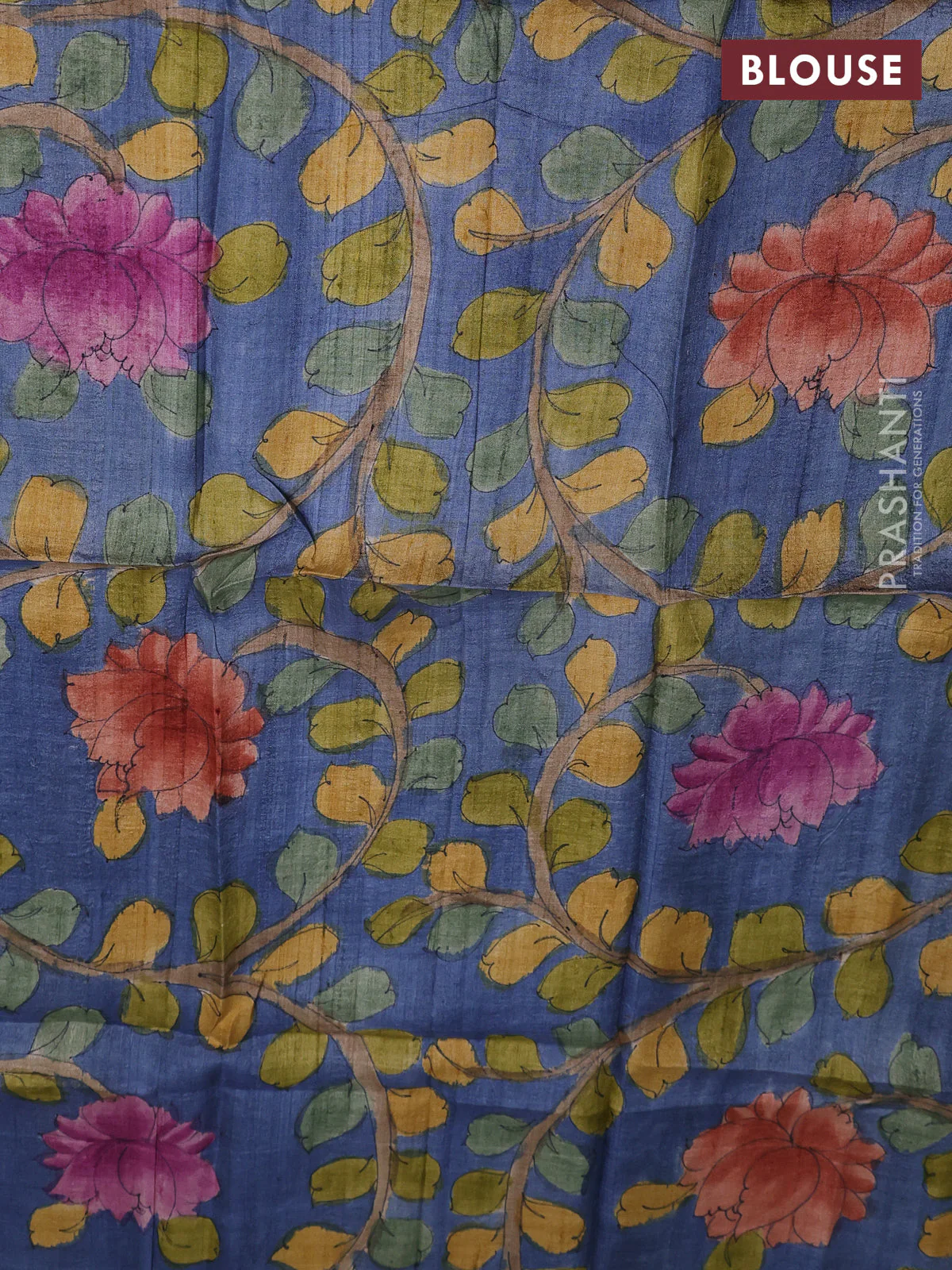 Tussar hand painted blouse bits blue shade with allover kalamkari prints - Image 2