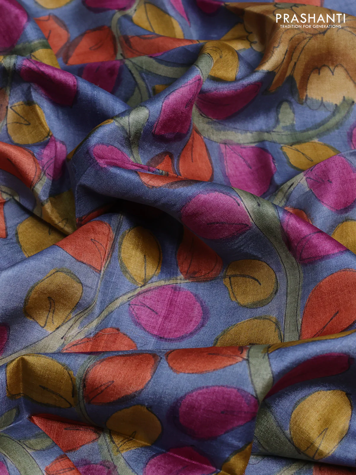 Tussar hand painted blouse bits blue shade with allover kalamkari prints