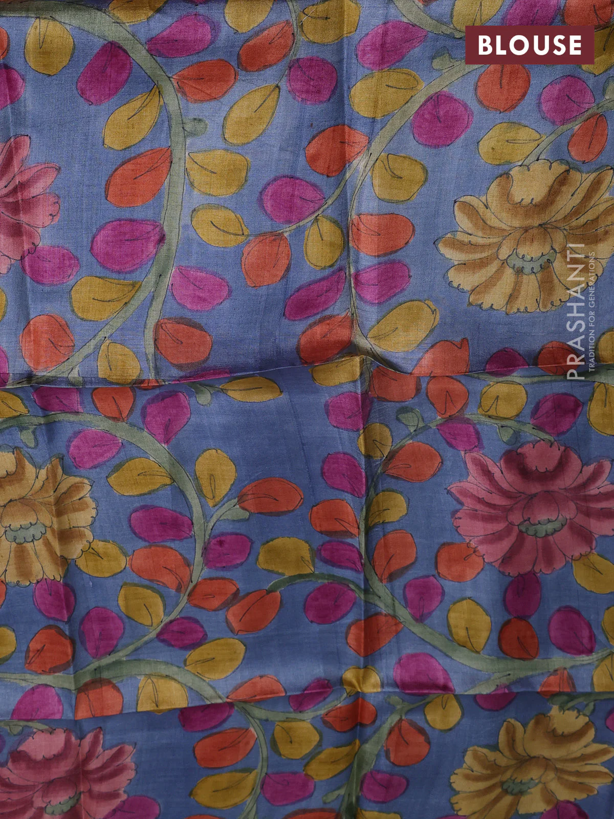 Tussar hand painted blouse bits blue shade with allover kalamkari prints - Image 2
