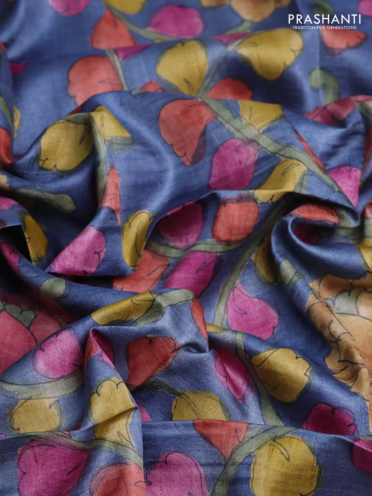 Tussar hand painted blouse bits blue shade with allover kalamkari prints