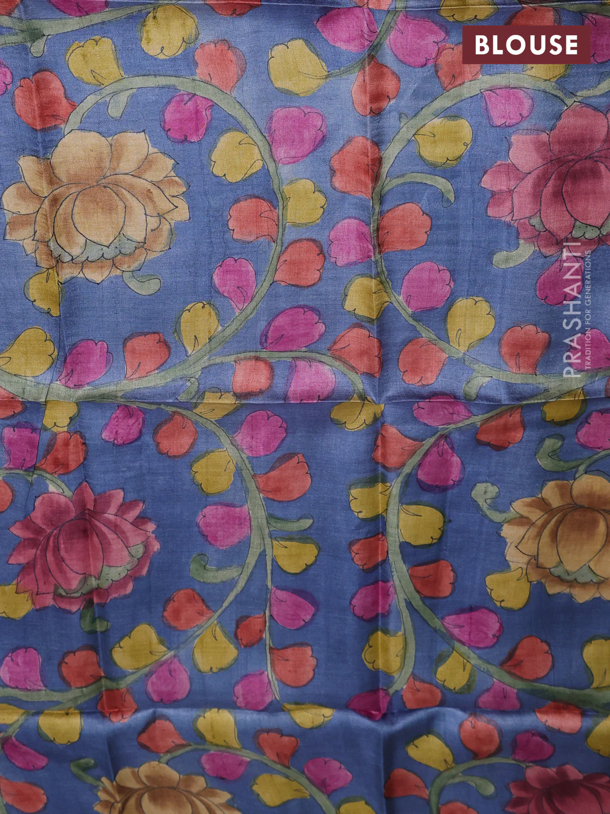 Tussar hand painted blouse bits blue shade with allover kalamkari prints - Image 2