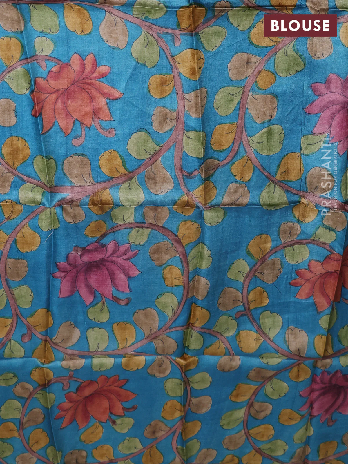 Tussar hand painted blouse bits blue with allover kalamkari prints - Image 2