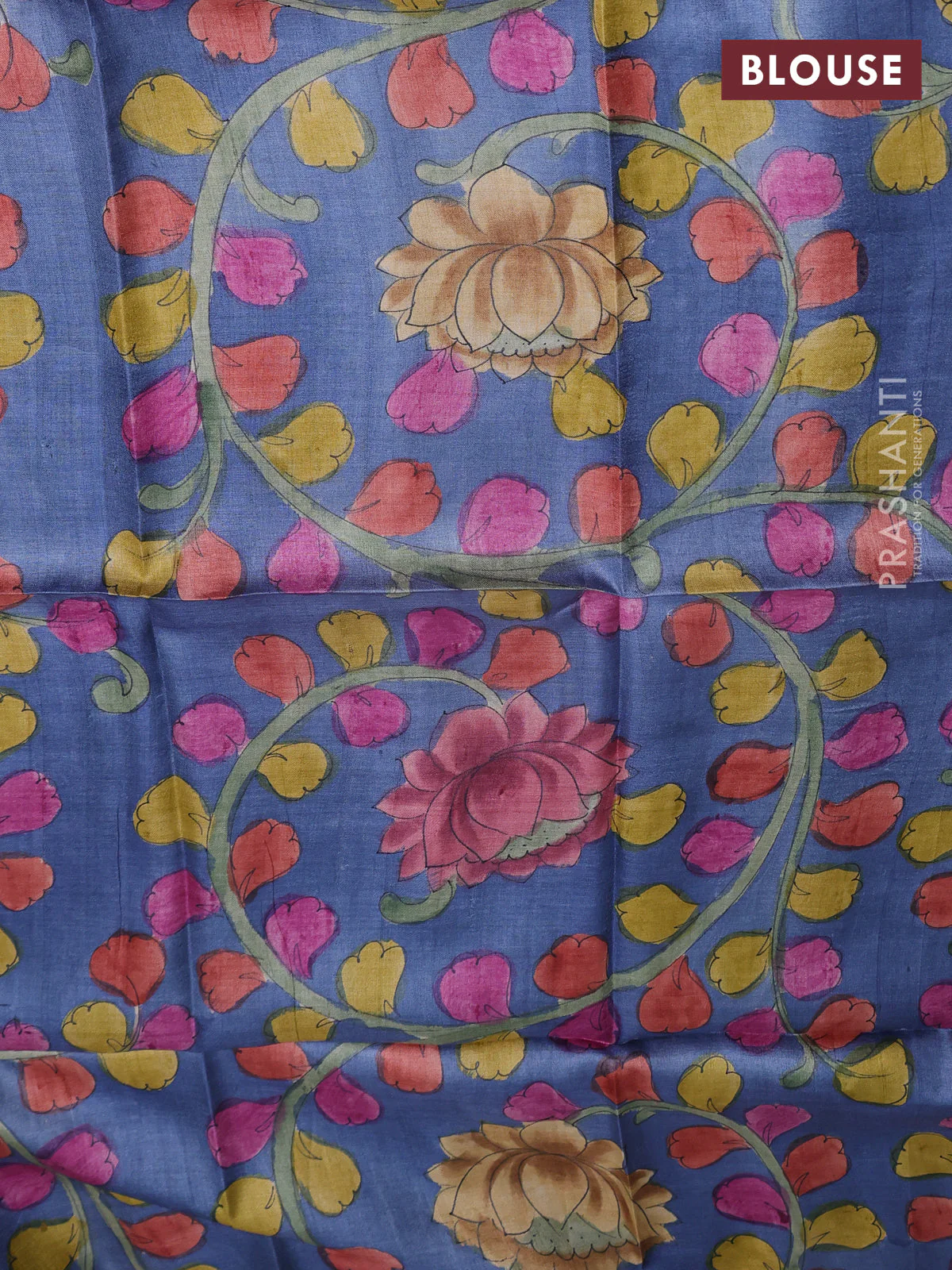 Tussar hand painted blouse bits blue with allover kalamkari prints - Image 2