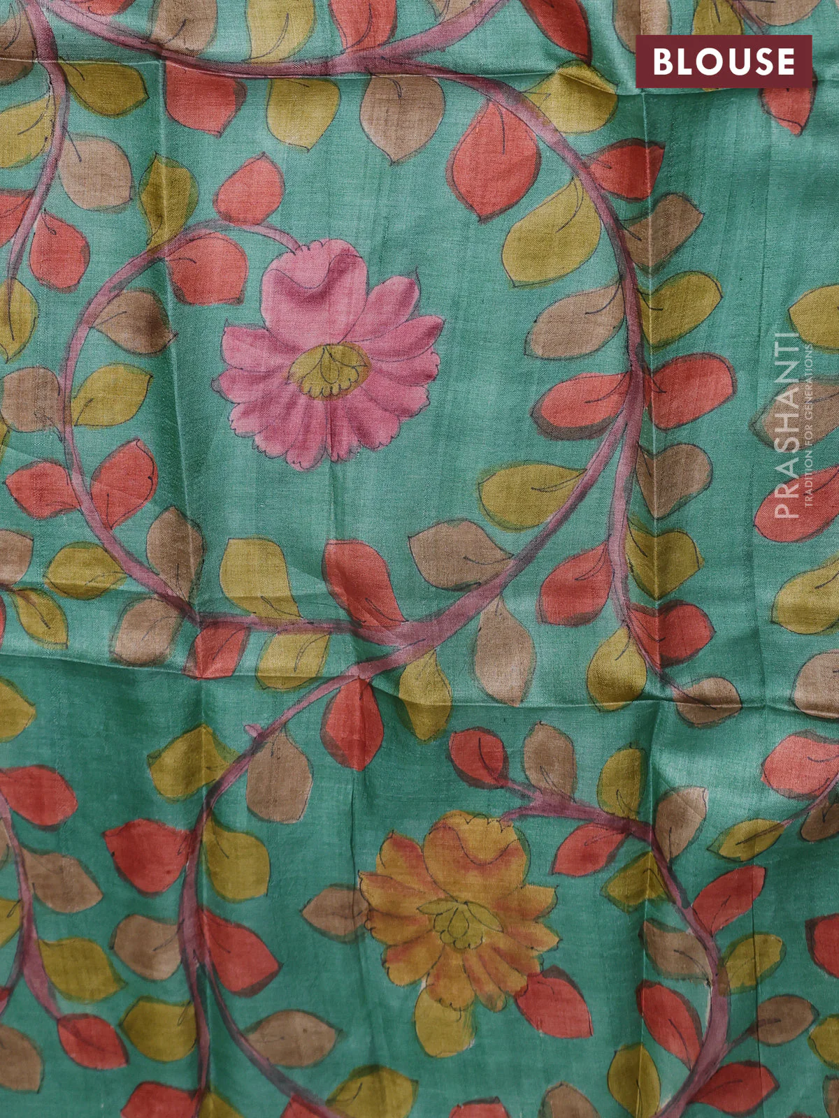 Tussar hand painted blouse bits green shade with allover kalamkari prints - Image 2