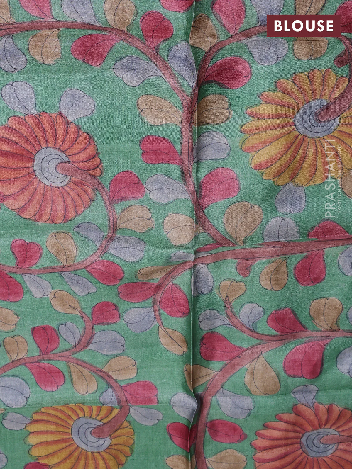 Tussar hand painted blouse bits green with allover kalamkari prints - Image 2