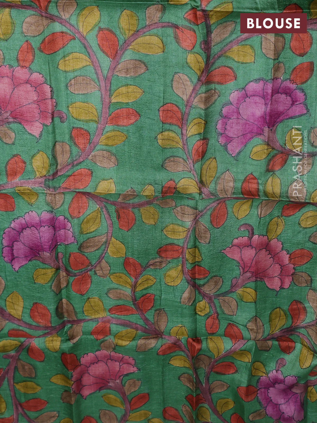 Tussar hand painted blouse bits green with allover kalamkari prints - Image 2