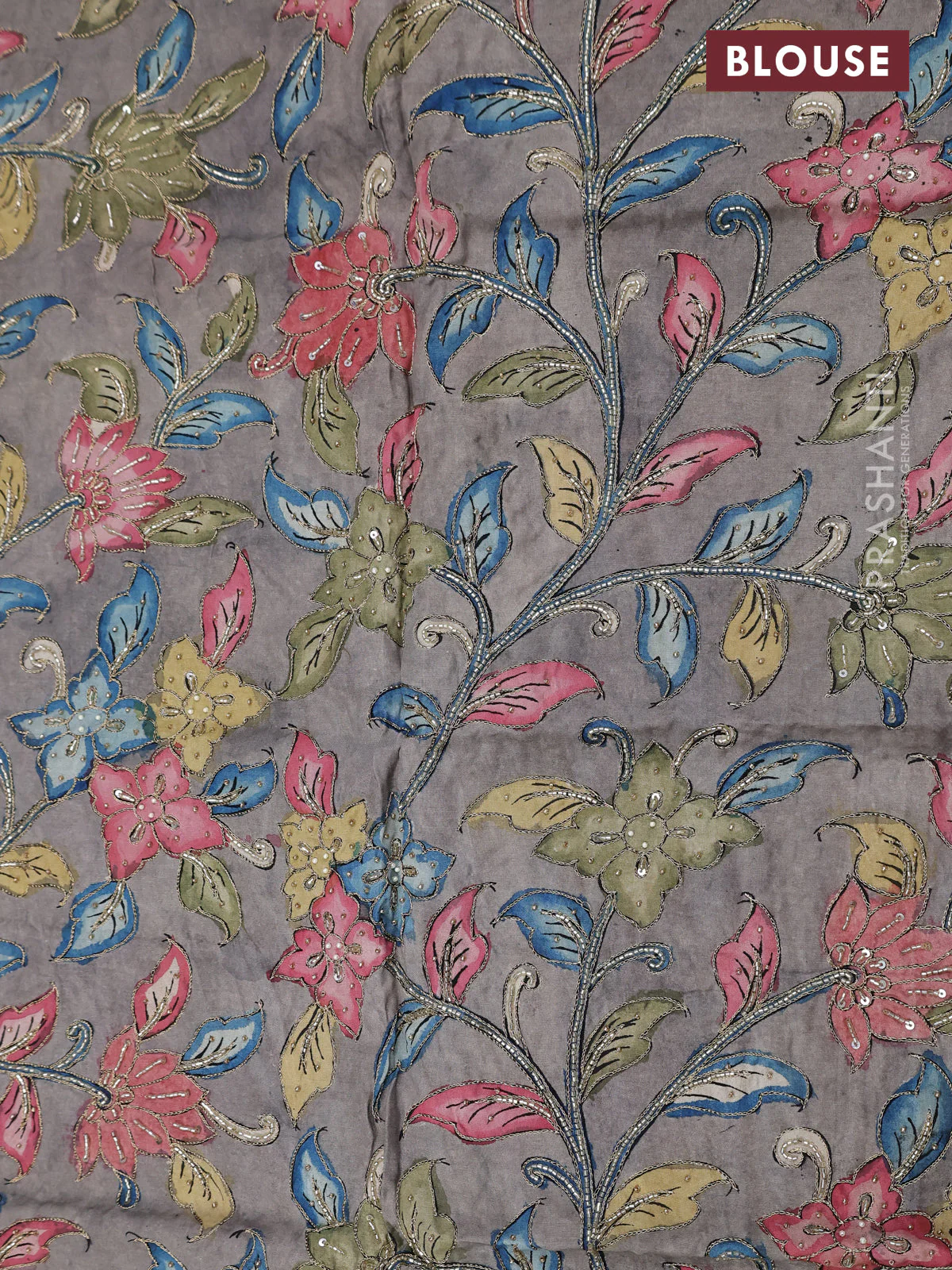 Tussar hand painted blouse bits grey with allover kalamkari prints & pita beaded work - Image 2
