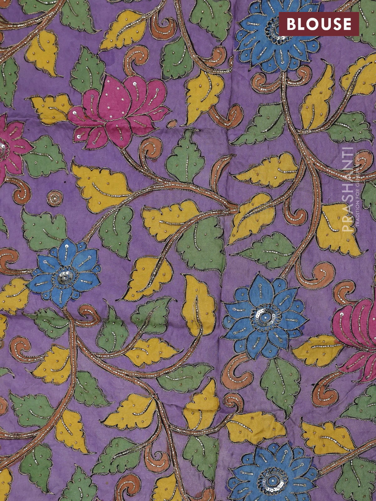 Tussar hand painted blouse bits lavender with allover kalamkari prints & pita beaded work - Image 2