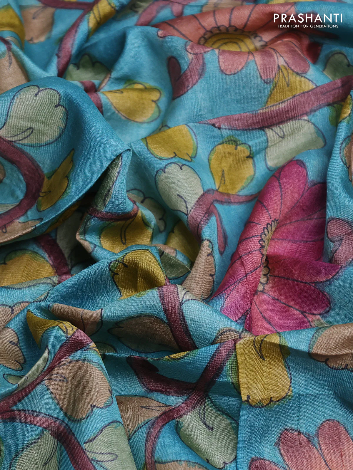 Tussar hand painted blouse bits light blue with allover kalamkari prints