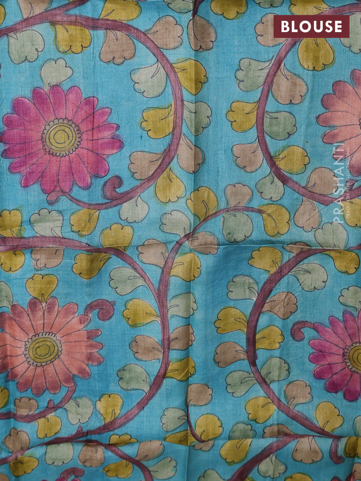 Tussar hand painted blouse bits light blue with allover kalamkari prints - Image 2