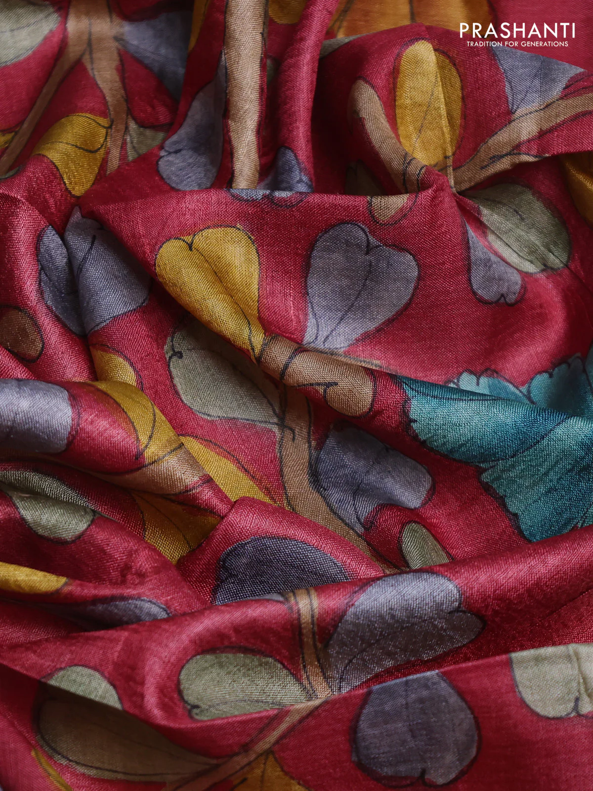 Tussar hand painted blouse bits maroon with allover kalamkari prints