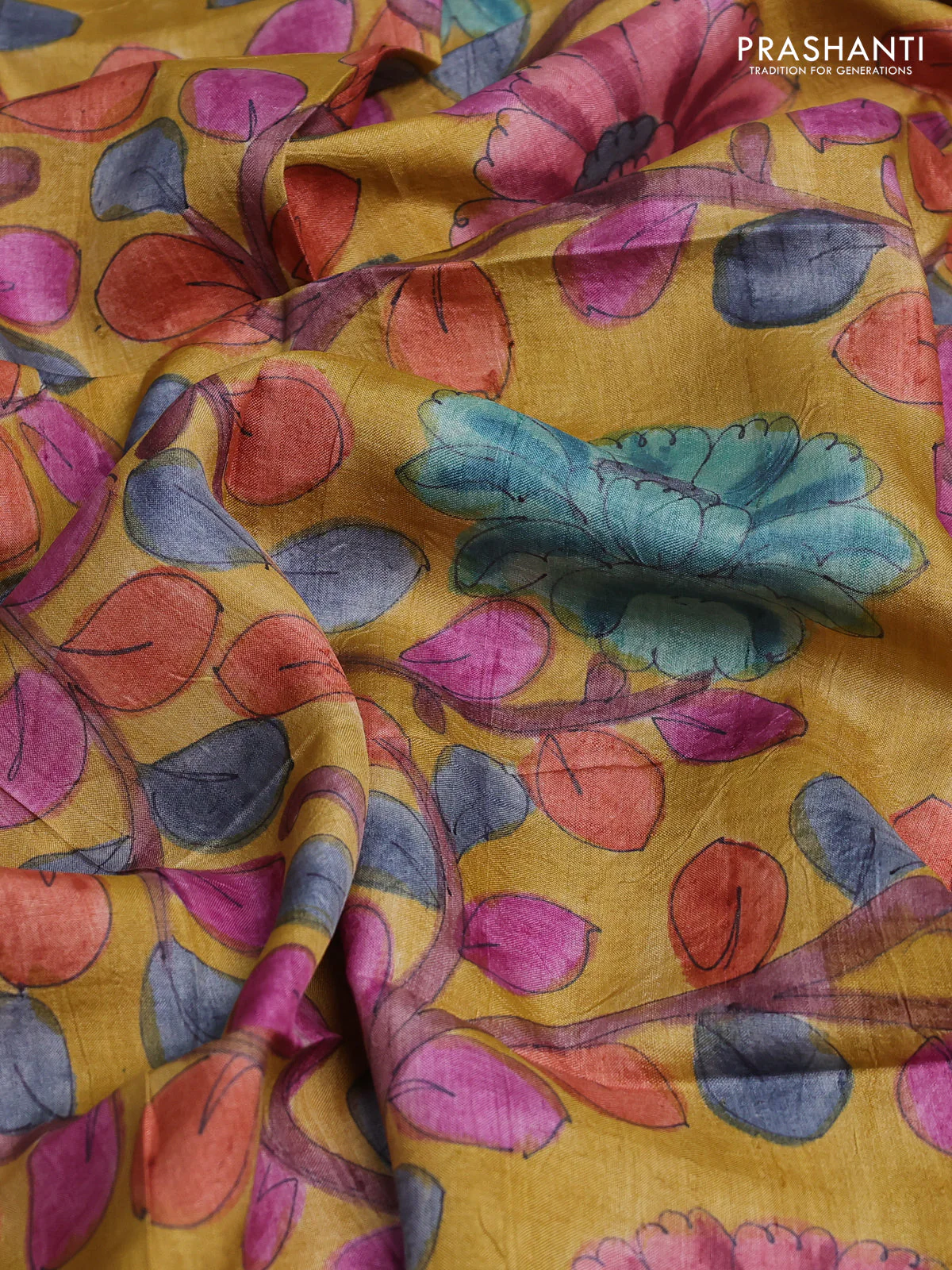 Tussar hand painted blouse bits mustard yellow with allover kalamkari prints