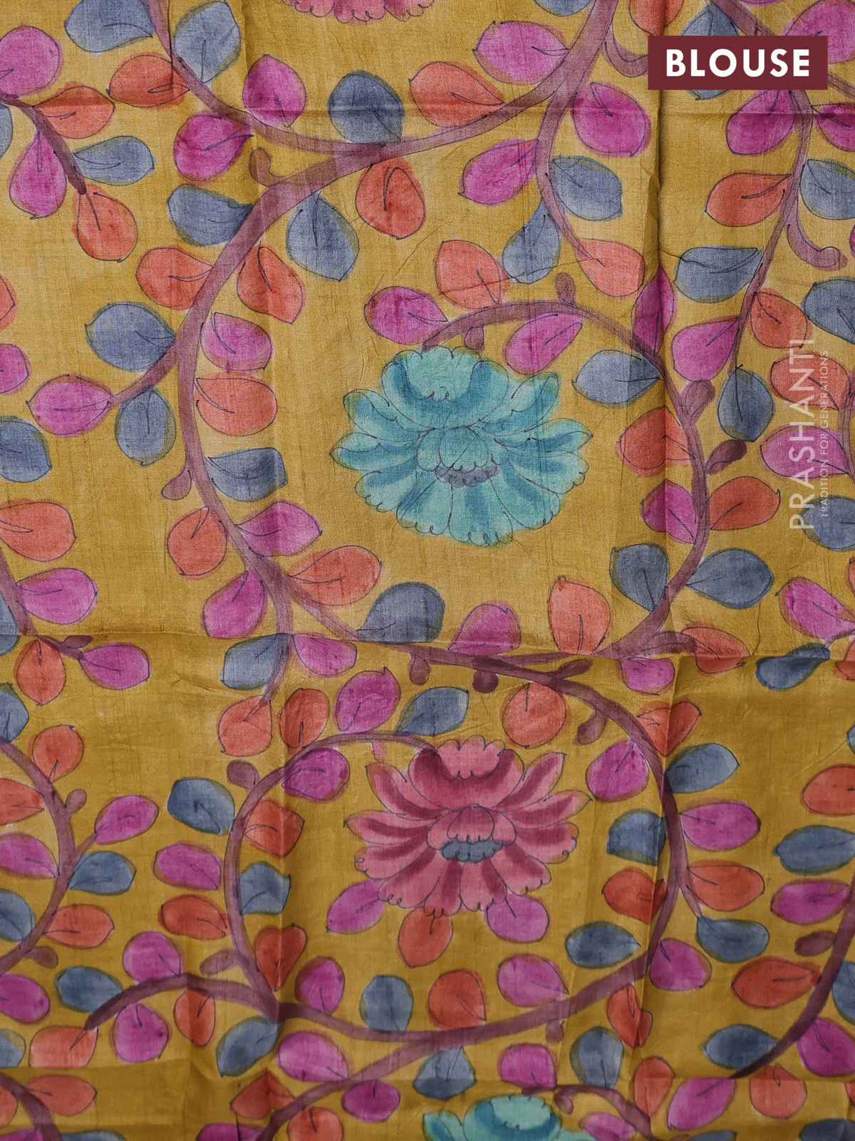 Tussar hand painted blouse bits mustard yellow with allover kalamkari prints - Image 2