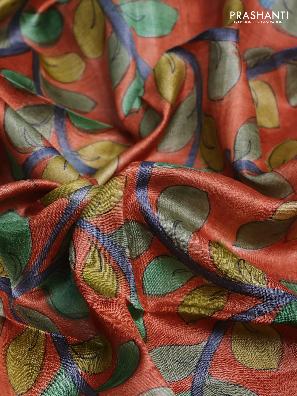Tussar hand painted blouse bits orange with allover kalamkari prints