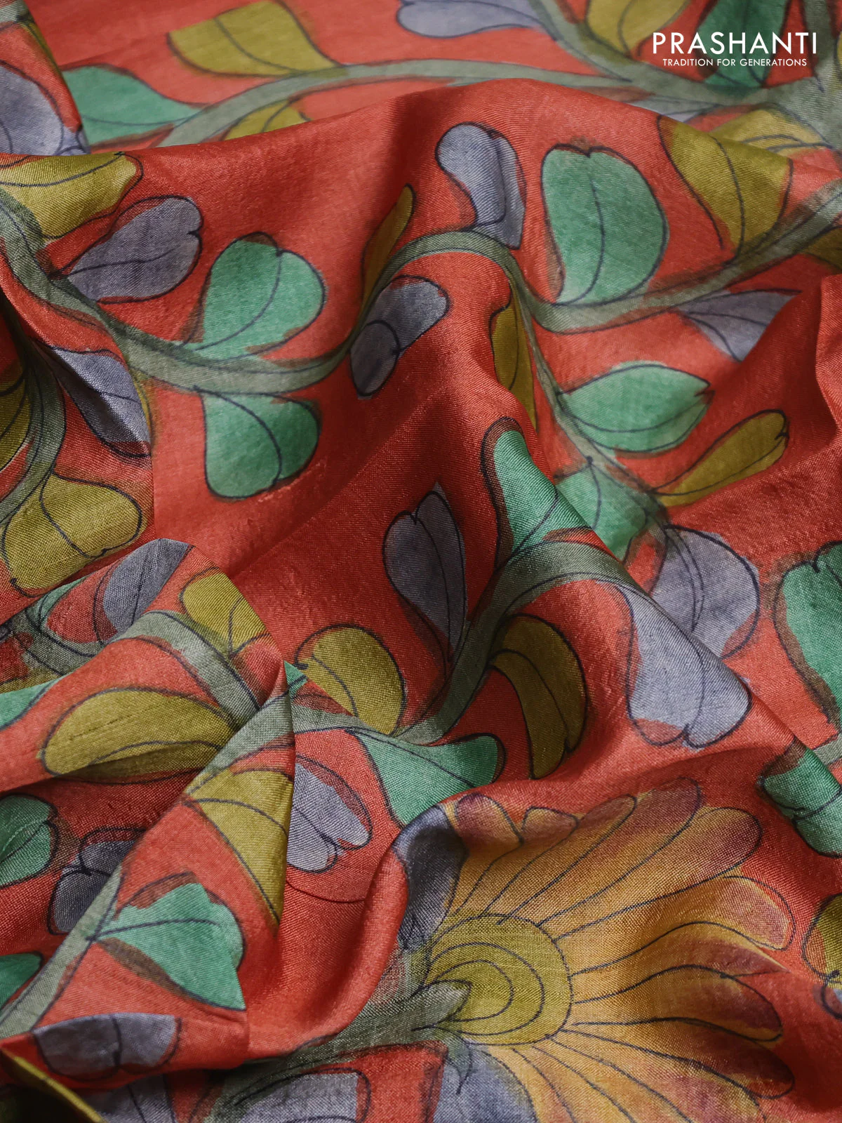 Tussar hand painted blouse bits rustic orange with allover kalamkari prints