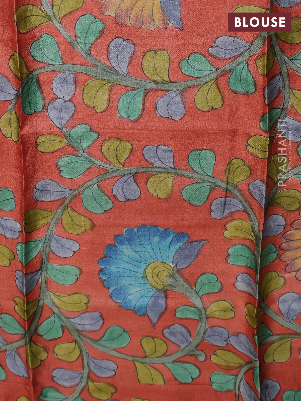 Tussar hand painted blouse bits rustic orange with allover kalamkari prints - Image 2