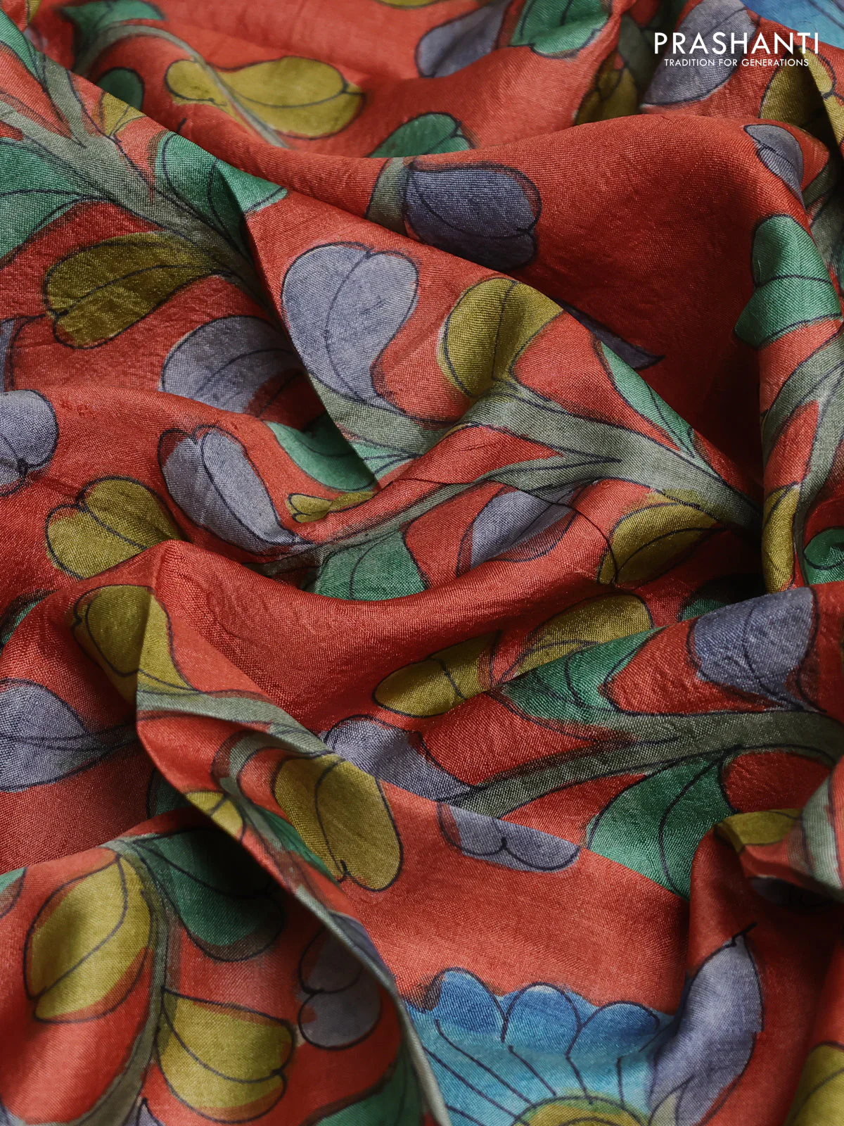 Tussar hand painted blouse bits rustic orange with allover kalamkari prints