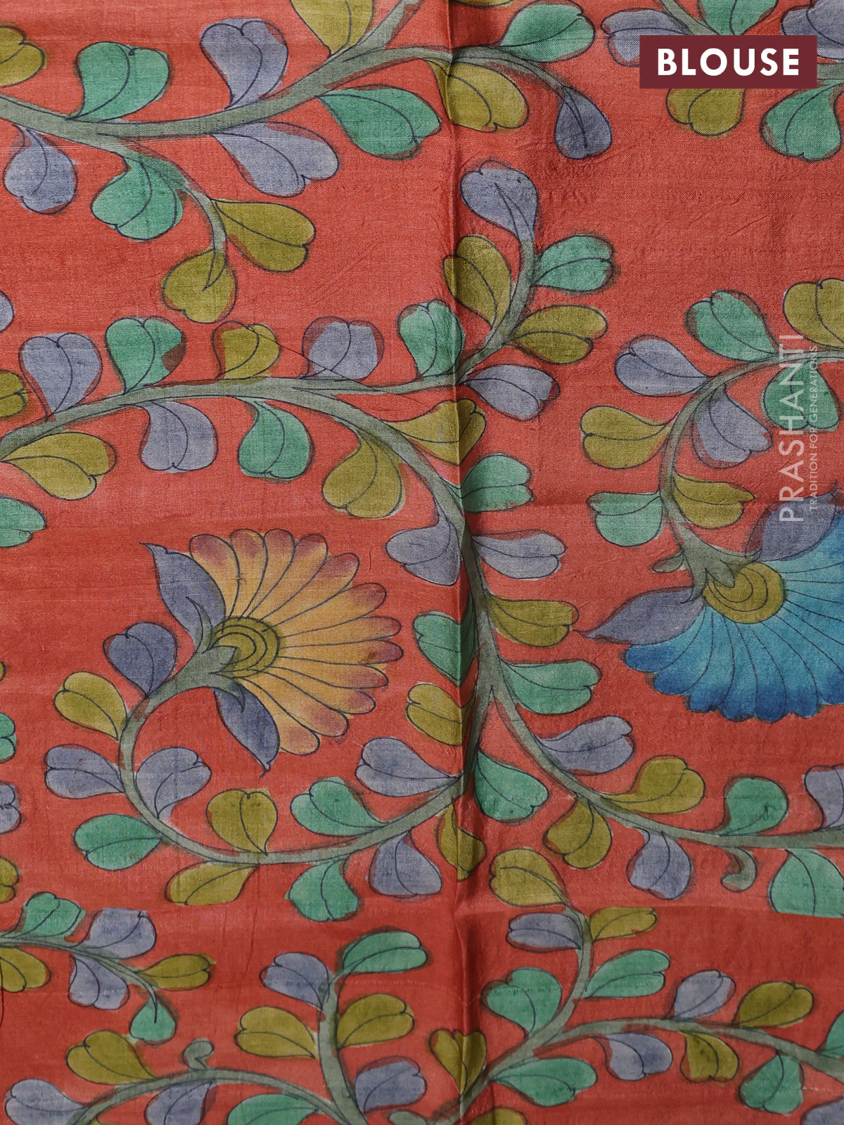 Tussar hand painted blouse bits rustic orange with allover kalamkari prints - Image 2