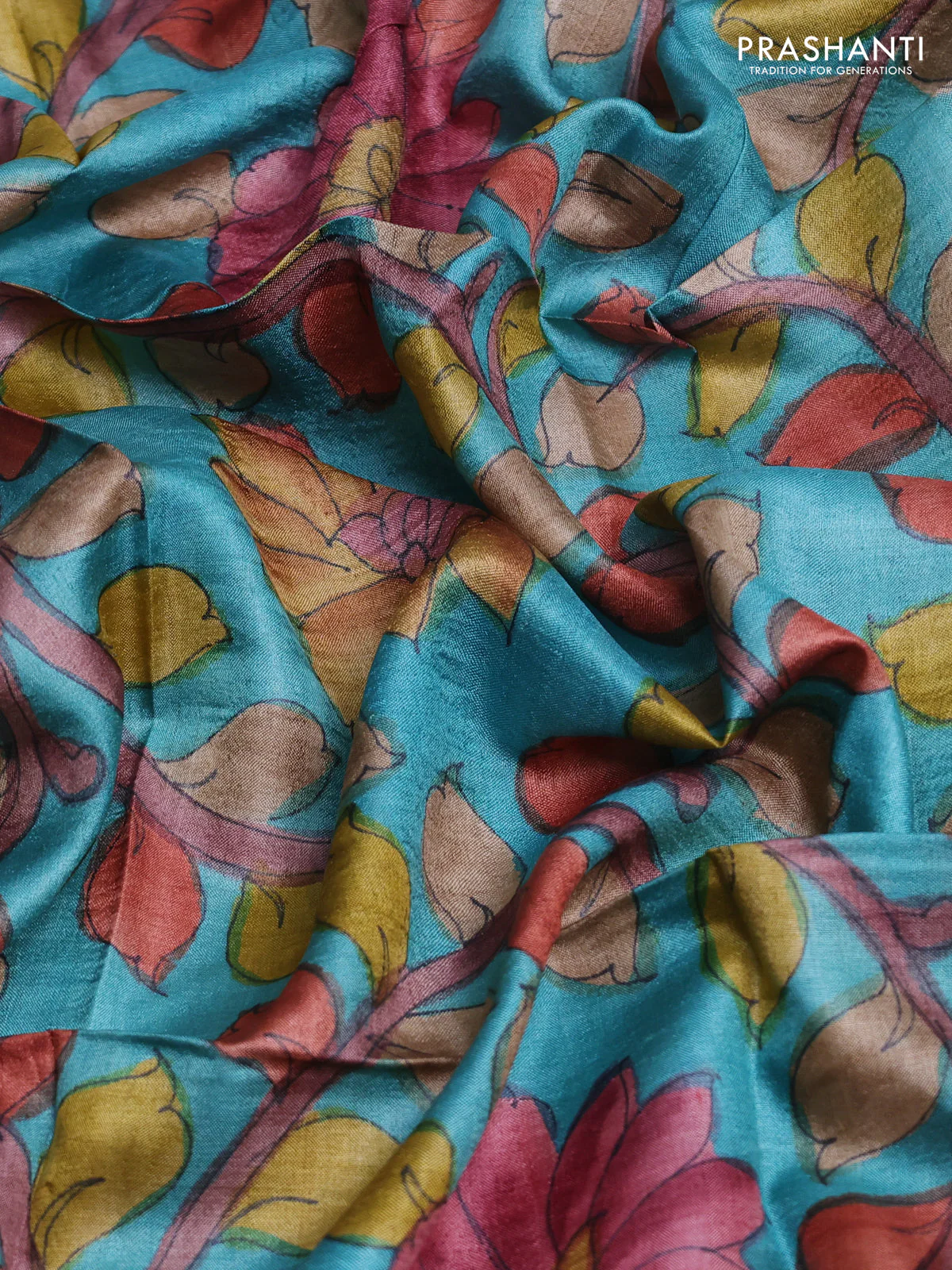Tussar hand painted blouse bits teal blue with allover kalamkari prints