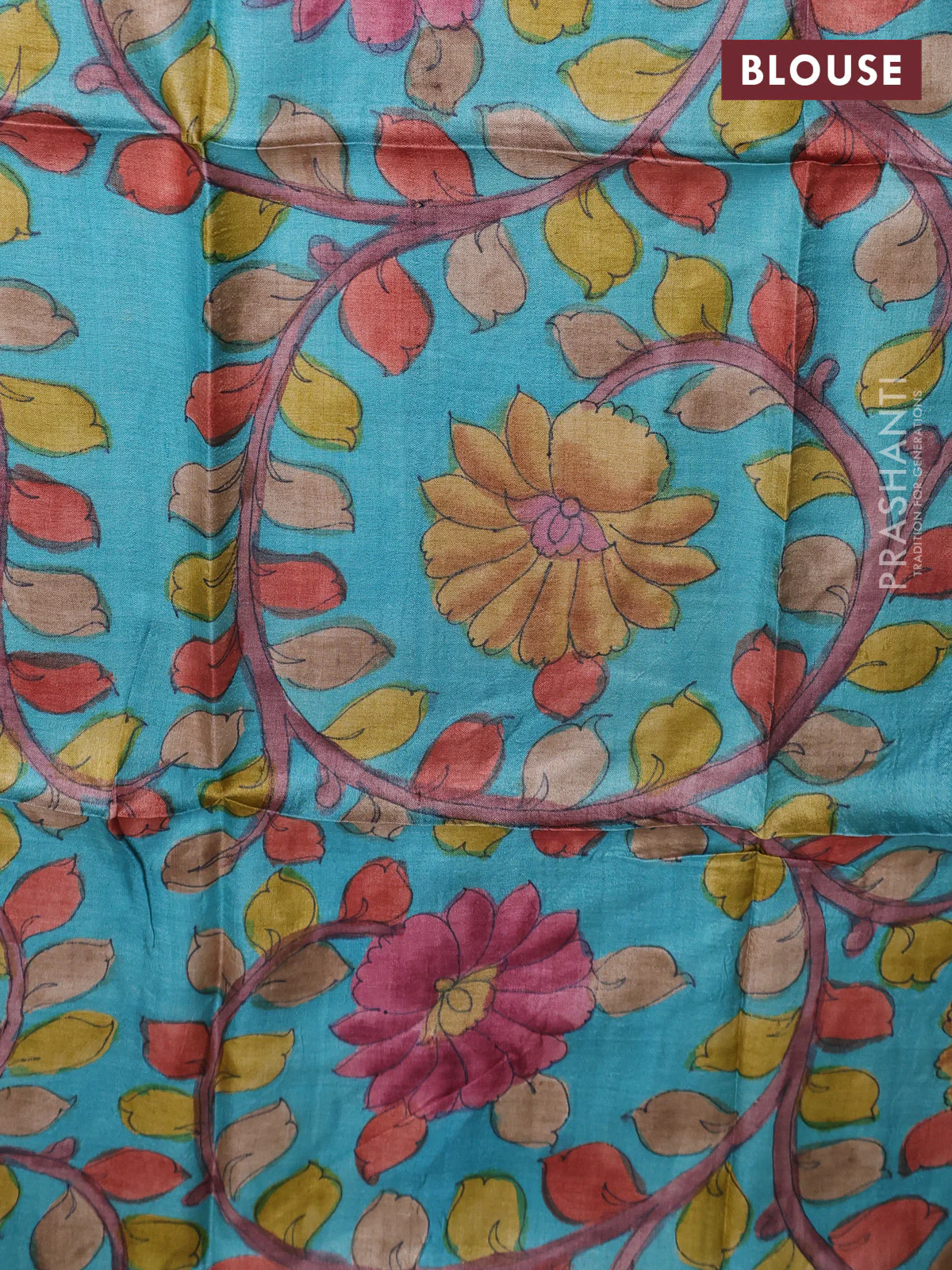 Tussar hand painted blouse bits teal blue with allover kalamkari prints - Image 2