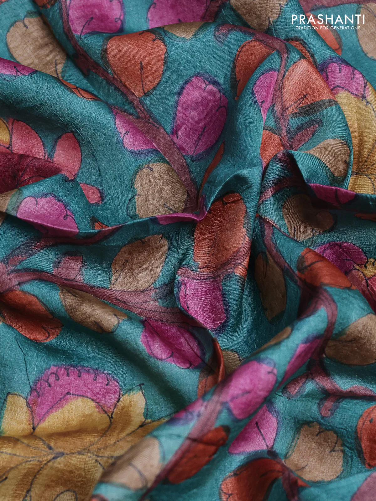 Tussar hand painted blouse bits teal blue with allover kalamkari prints