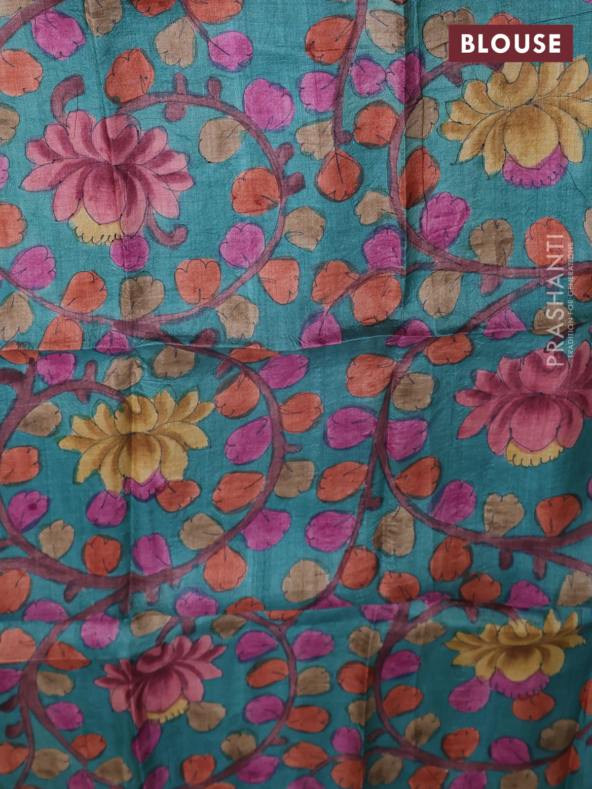 Tussar hand painted blouse bits teal blue with allover kalamkari prints - Image 2