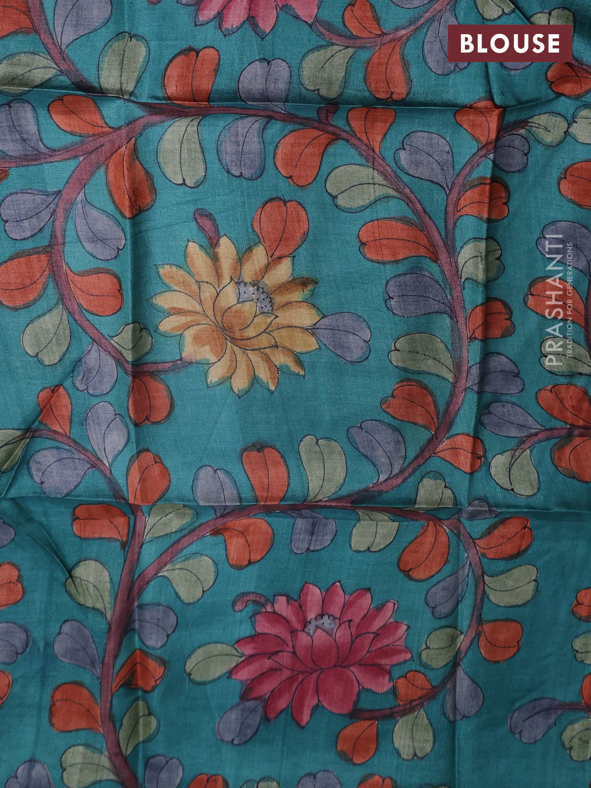 Tussar hand painted blouse bits teal green with allover kalamkari prints - Image 2