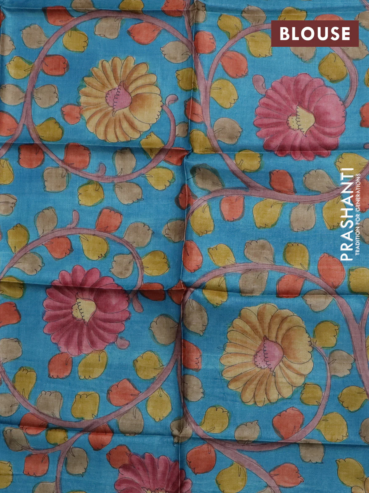 Tussar hand painted blouse piece cs blue with allover kalamkari prints - Image 2