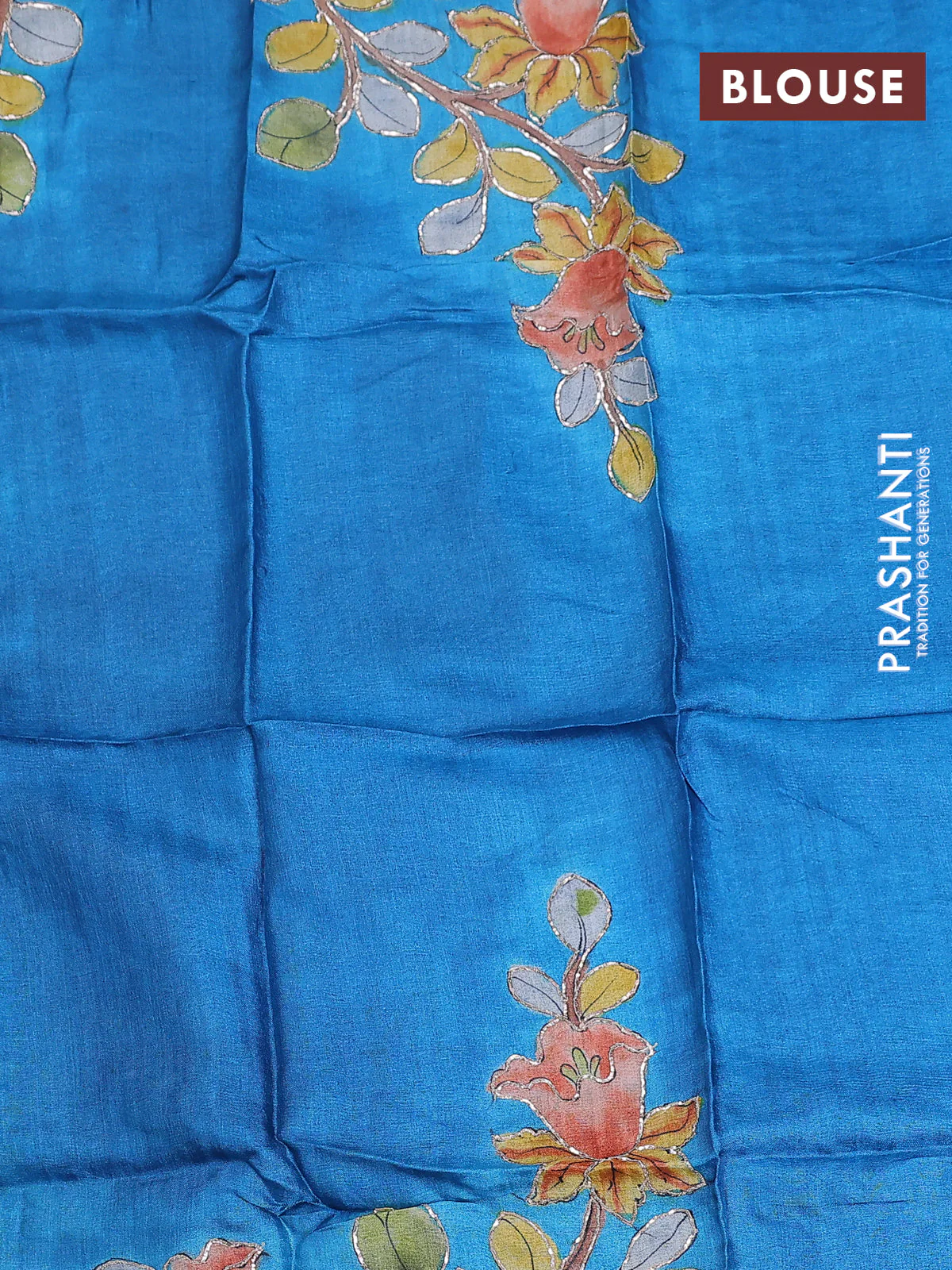Tussar hand painted blouse piece cs blue with allover kalamkari prints & pita work - Image 2