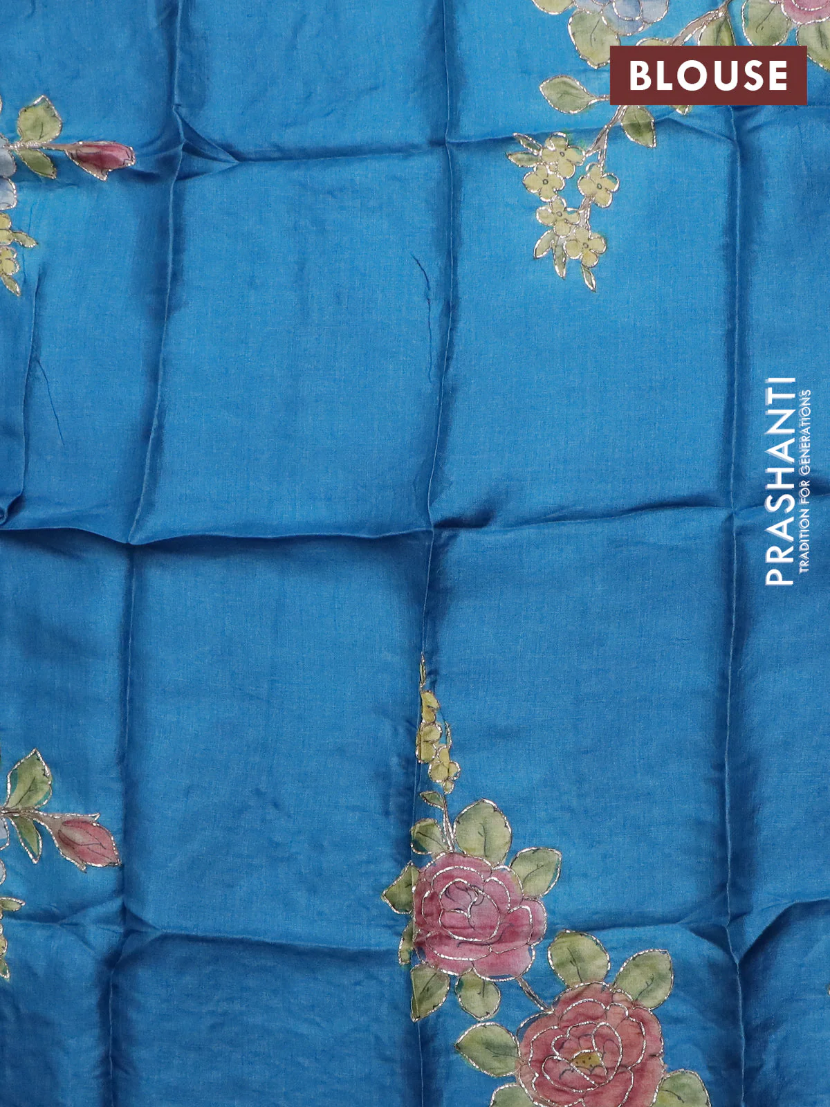 Tussar hand painted blouse piece cs blue with allover kalamkari prints & pita work - Image 2