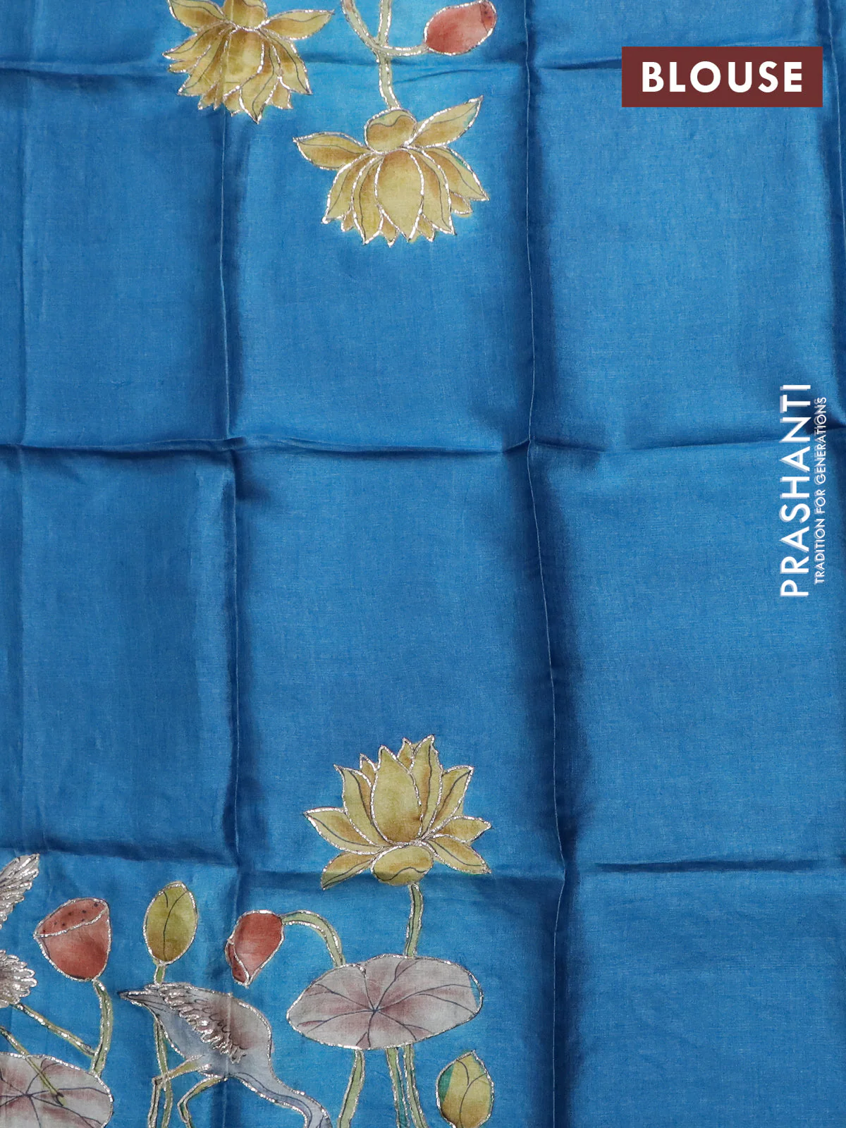 Tussar hand painted blouse piece cs blue with allover kalamkari prints & pita work - Image 2
