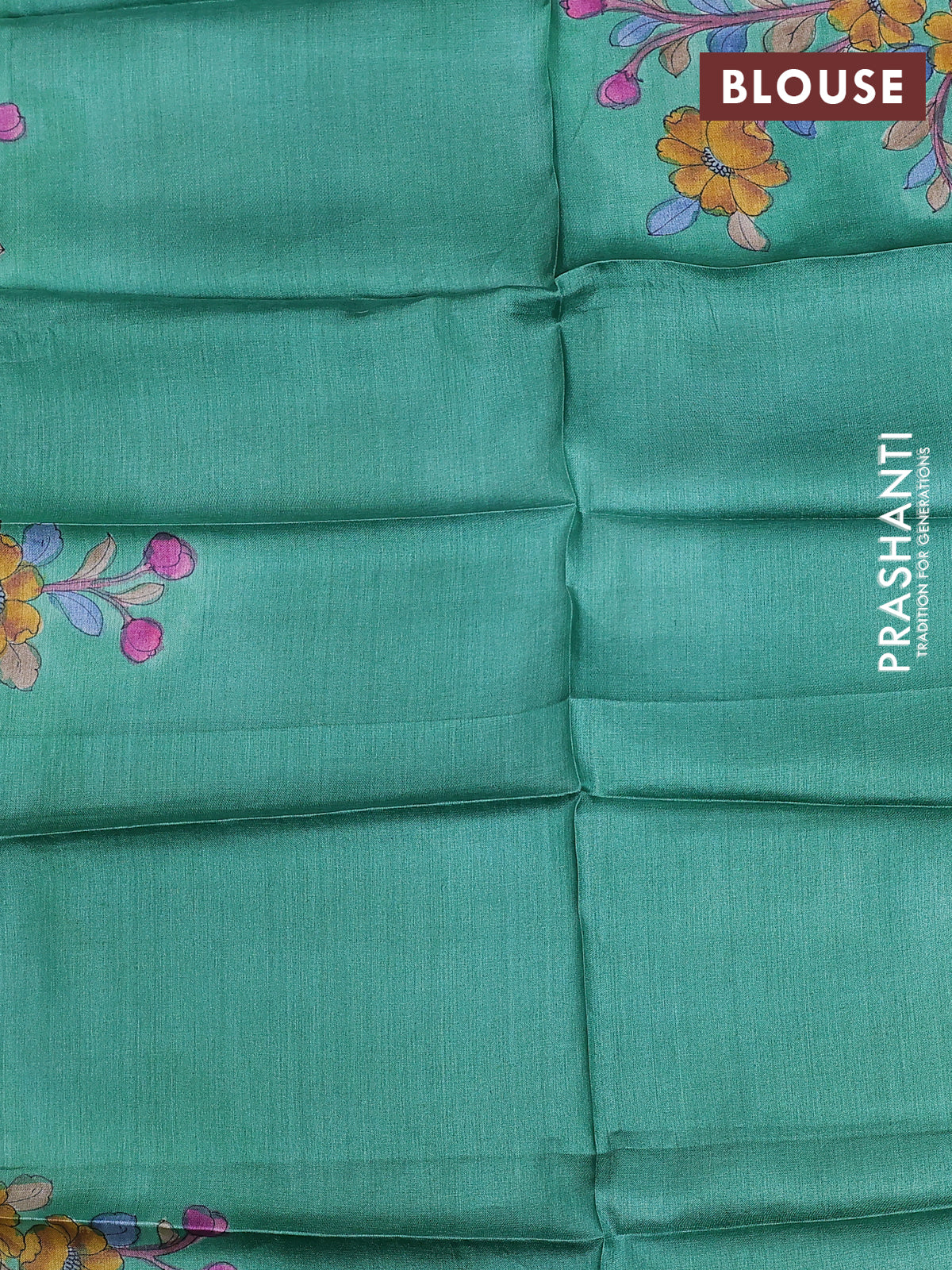 Tussar hand painted blouse piece green shade with kalamkari prints - Image 2