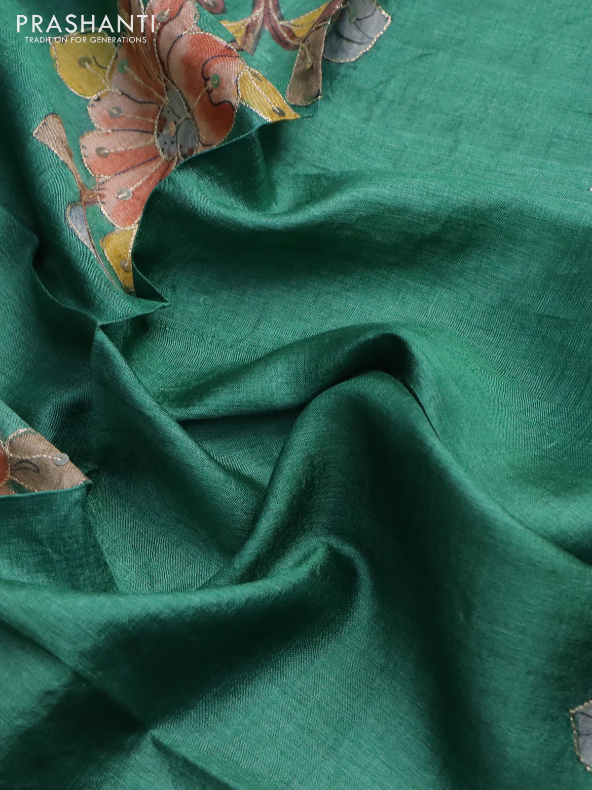 Tussar hand painted blouse piece green with allover kalamkari prints & pita work