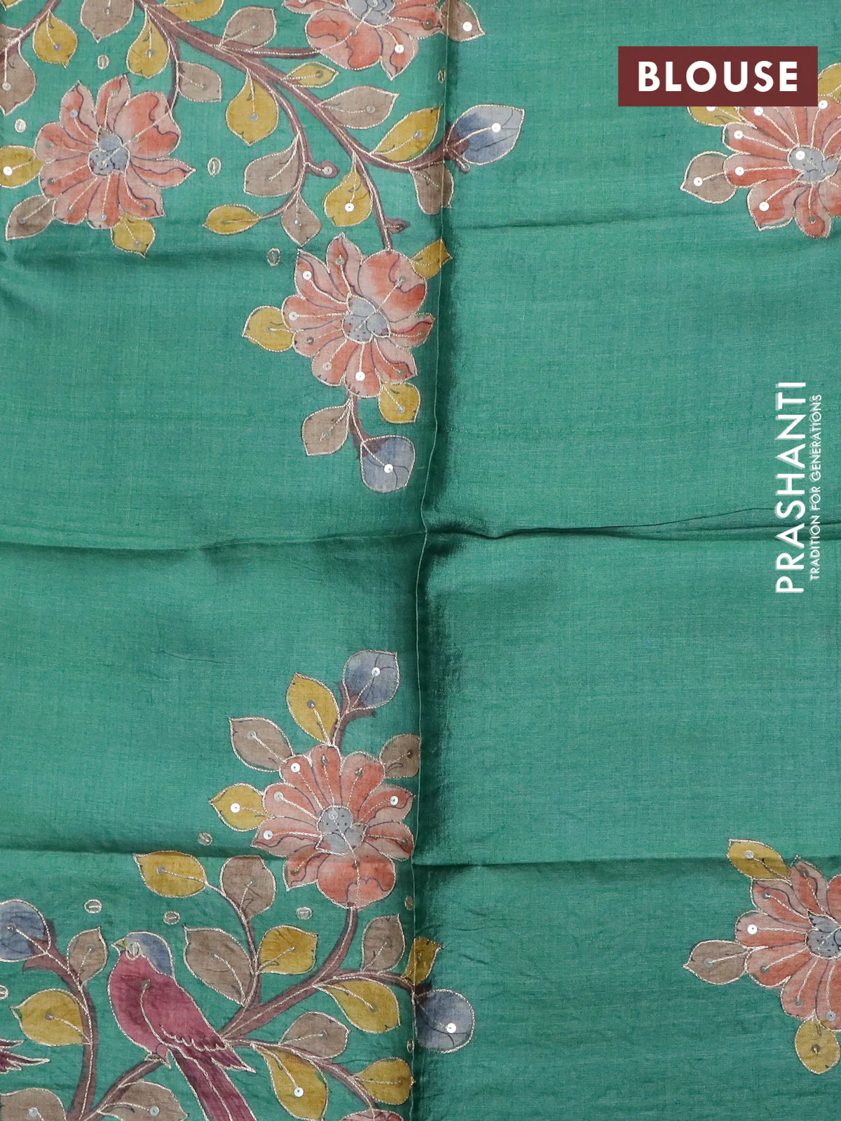 Tussar hand painted blouse piece green with allover kalamkari prints & pita work - Image 2