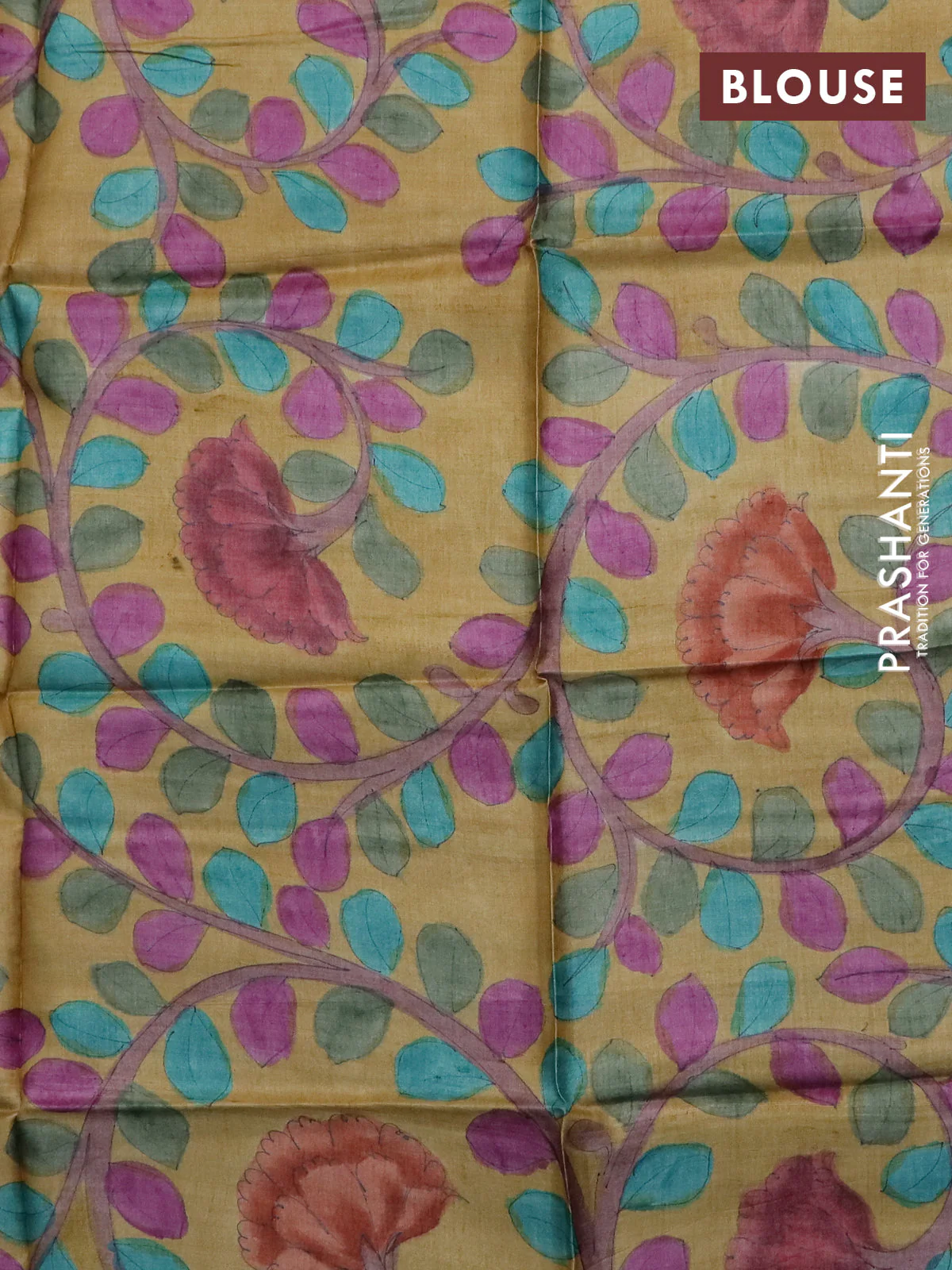 Tussar hand painted blouse piece mustard yellow with allover kalamkari prints - Image 2