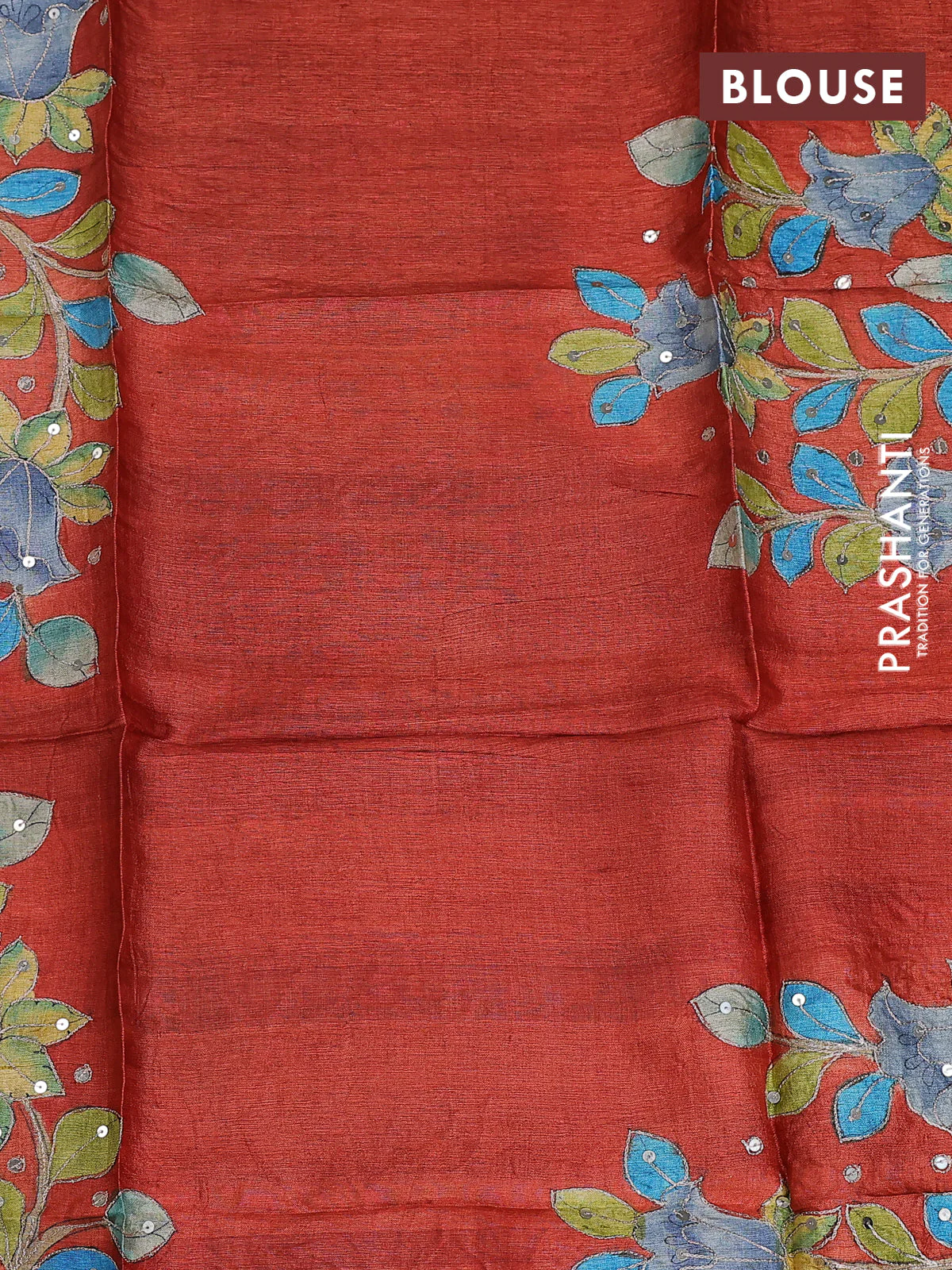 Tussar hand painted blouse piece orange with allover kalamkari prints & sequin work - Image 2