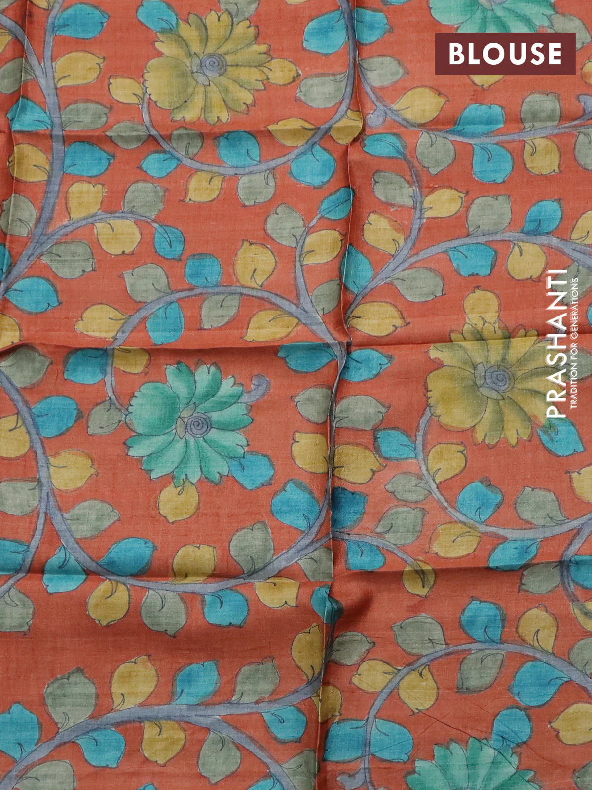 Tussar hand painted blouse piece orange with kalamkari prints - Image 2