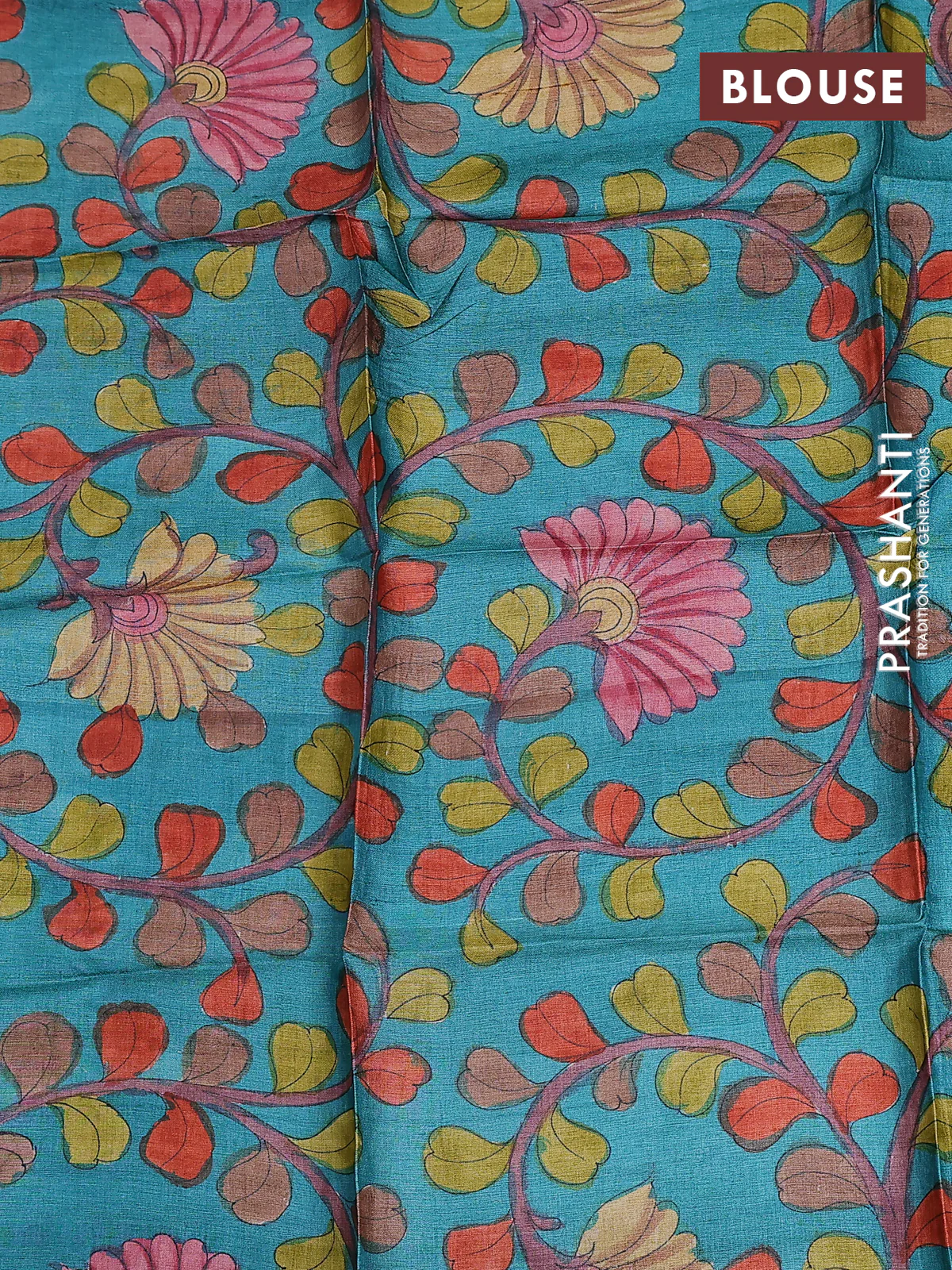 Tussar hand painted blouse piece teal blue with allover kalamkari prints - Image 2