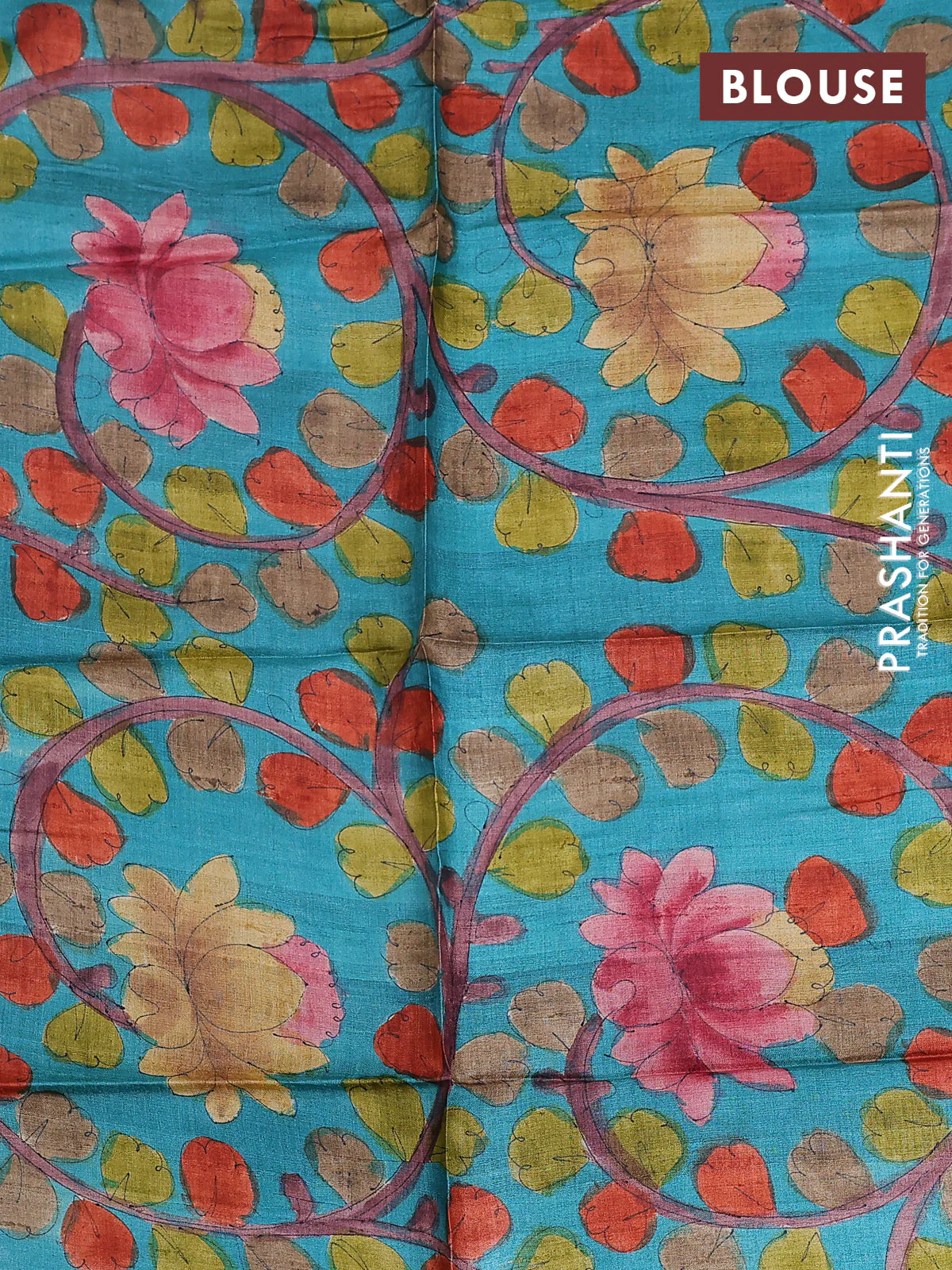Tussar hand painted blouse piece teal green with allover kalamkari prints - Image 2